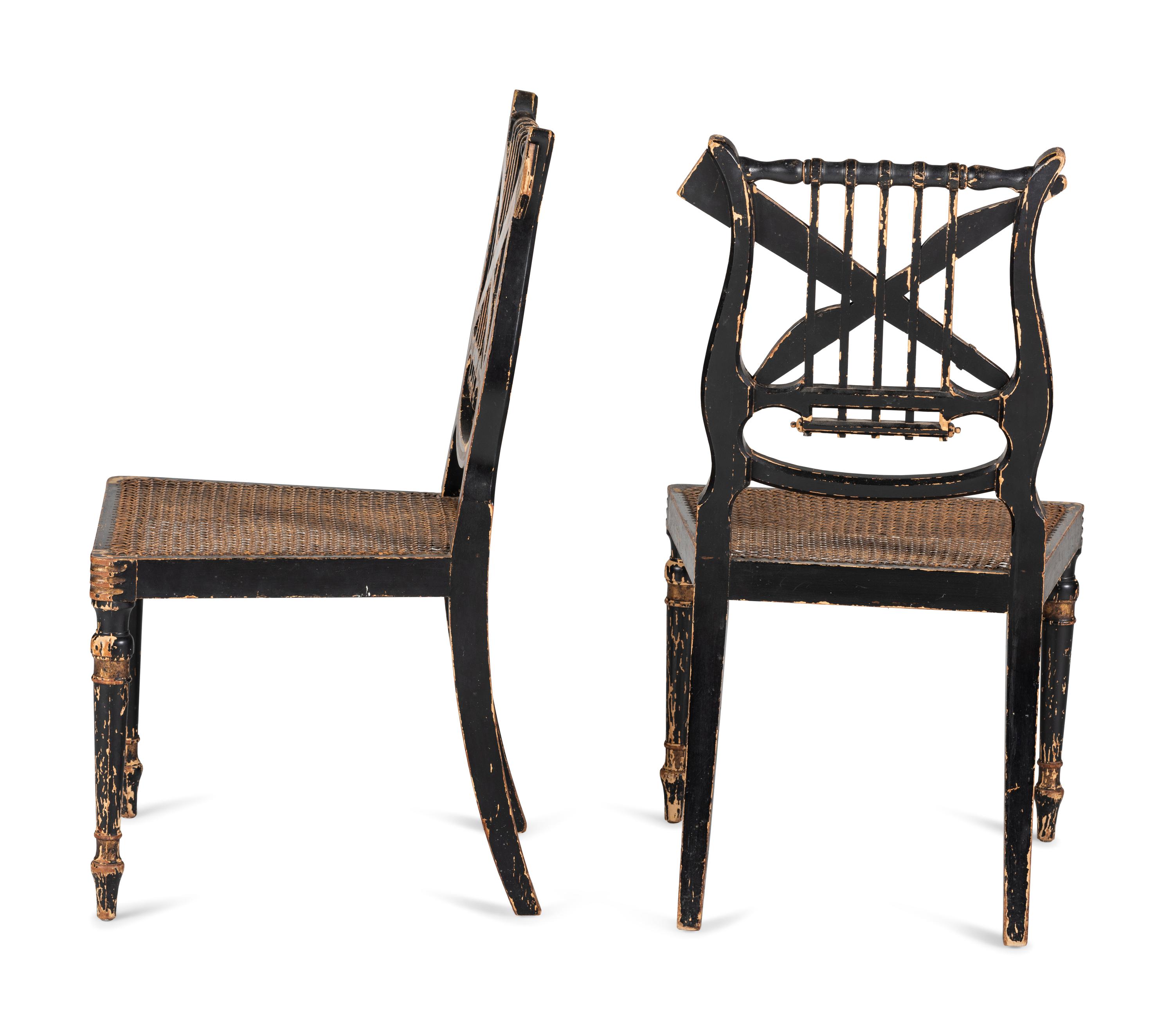 A Pair of Classical Gilt and Black Painted Lyre-Back Cane Upholstered Side Chairs