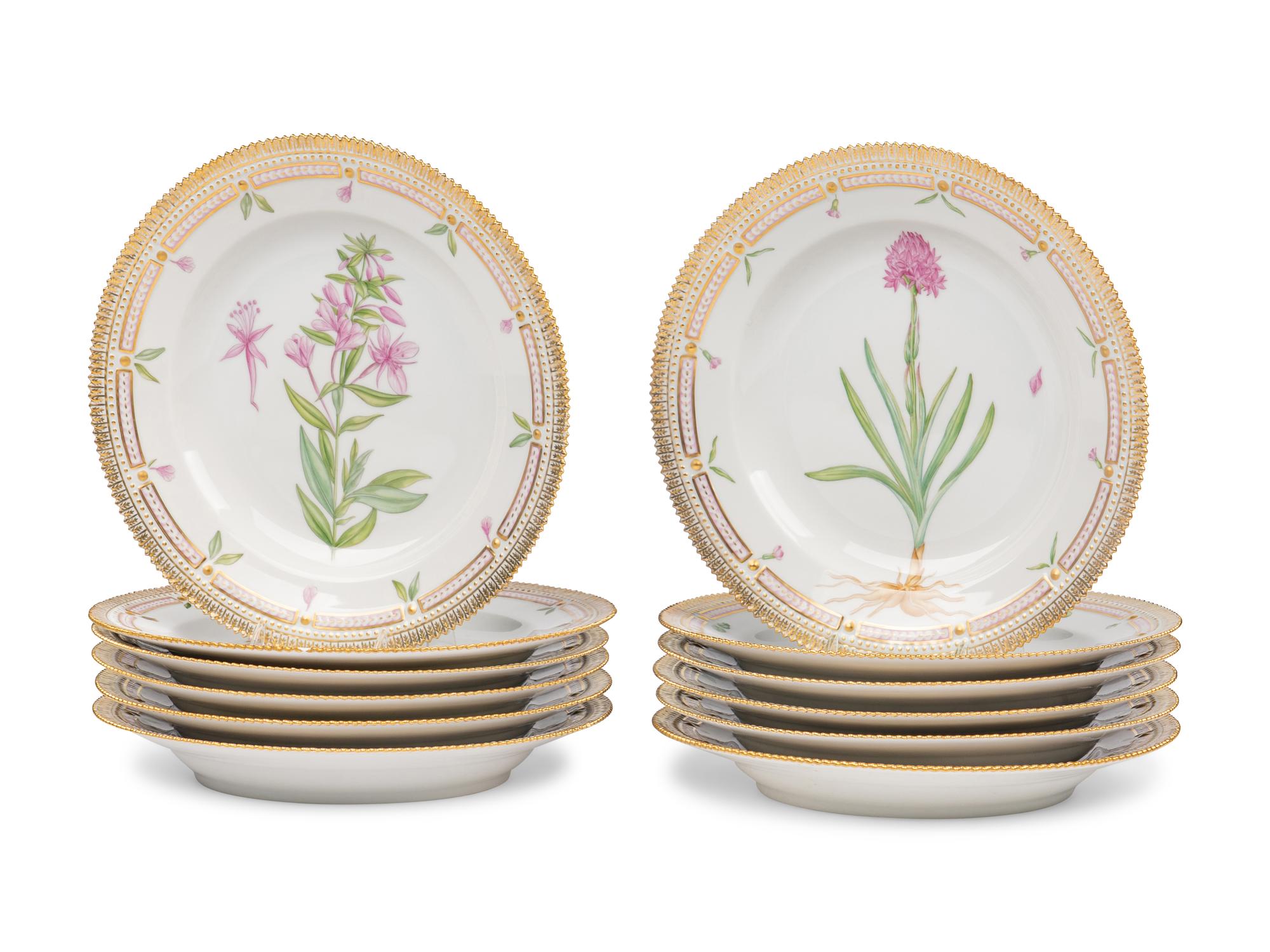 A Set of Twelve Royal Copenhagen Flora Danica Porcelain Dinner Plates