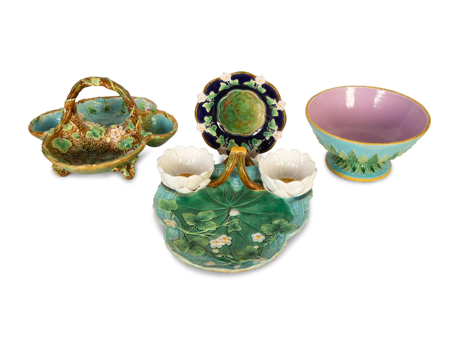 Two George Jones Majolica Strawberry Dishes and Acanthus Footed Bowl, and a Strawberry-Blossom Dish — Last-Half, 19th Century