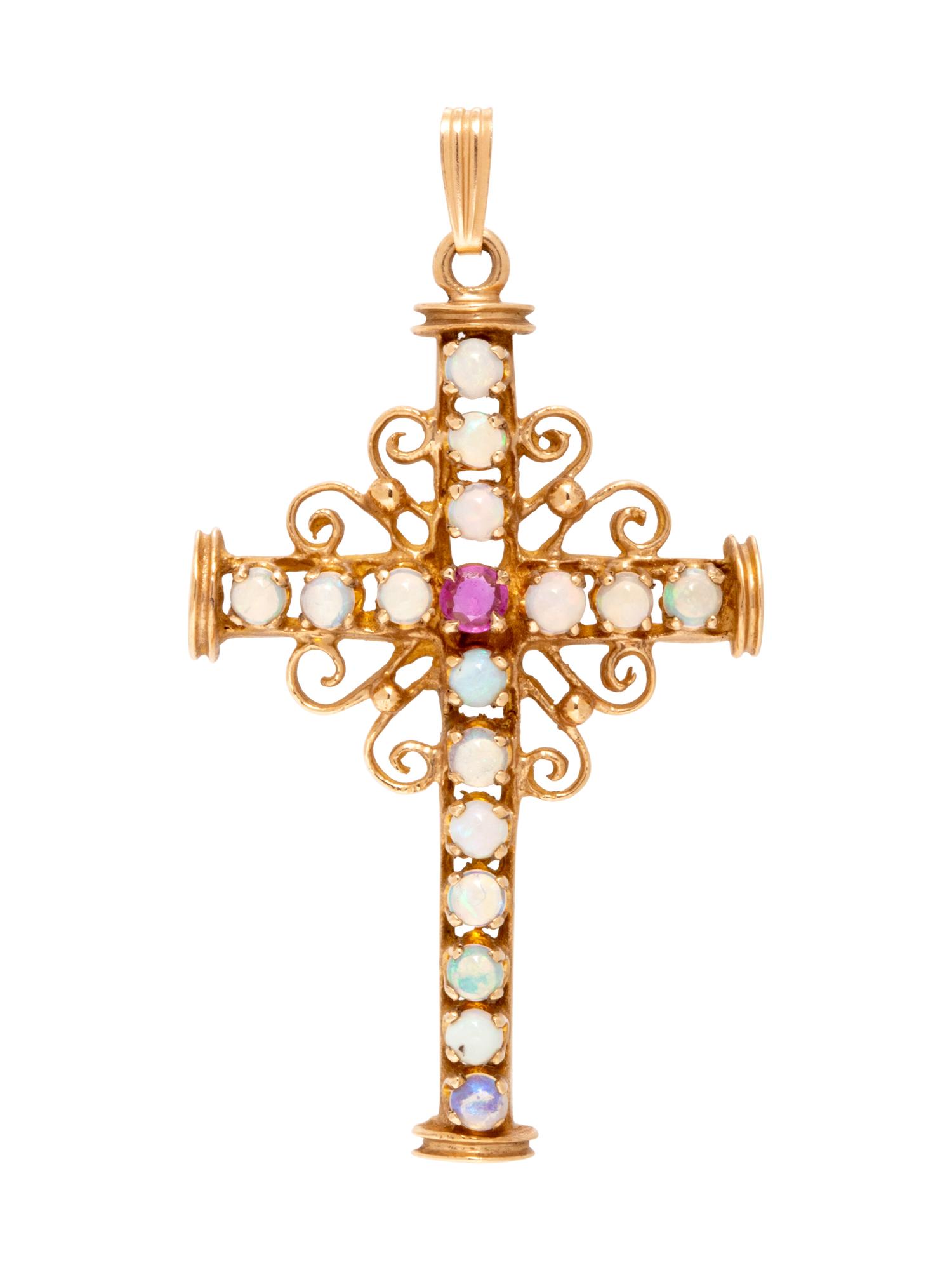 A 14 Karat Yellow Gold, Opal and Pink Sapphire Cross Pendant,