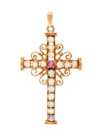 A 14 Karat Yellow Gold, Opal and Pink Sapphire Cross Pendant,