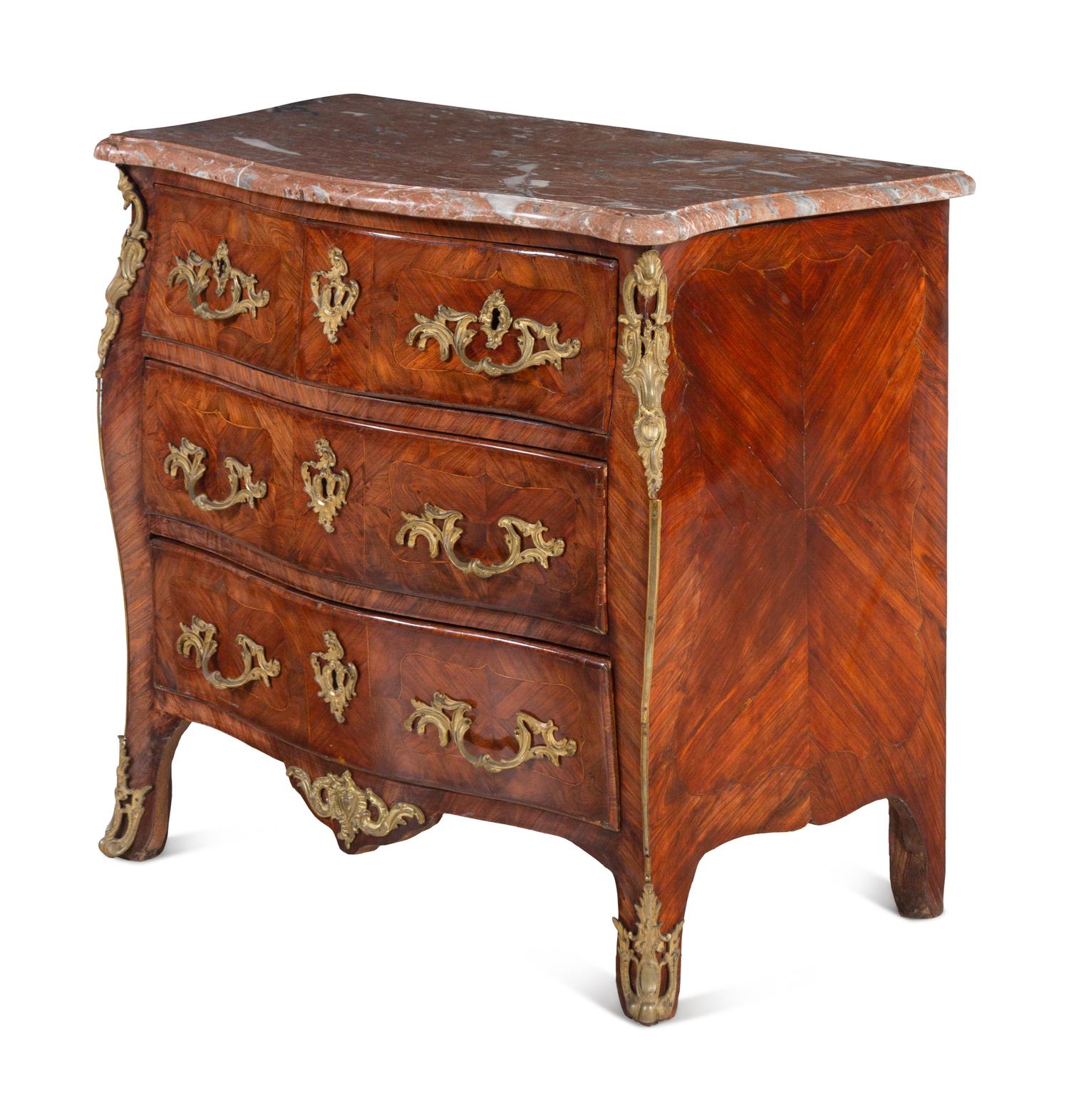 A Régence Gilt Bronze Mounted Kingwood and Tulipwood Marble-Top Commode by Charles-Joseph Dufour (French, 1740-circa 1780)