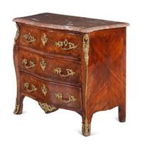 A Régence Gilt Bronze Mounted Kingwood and Tulipwood Marble-Top Commode by Charles-Joseph Dufour (French, 1740-circa 1780)