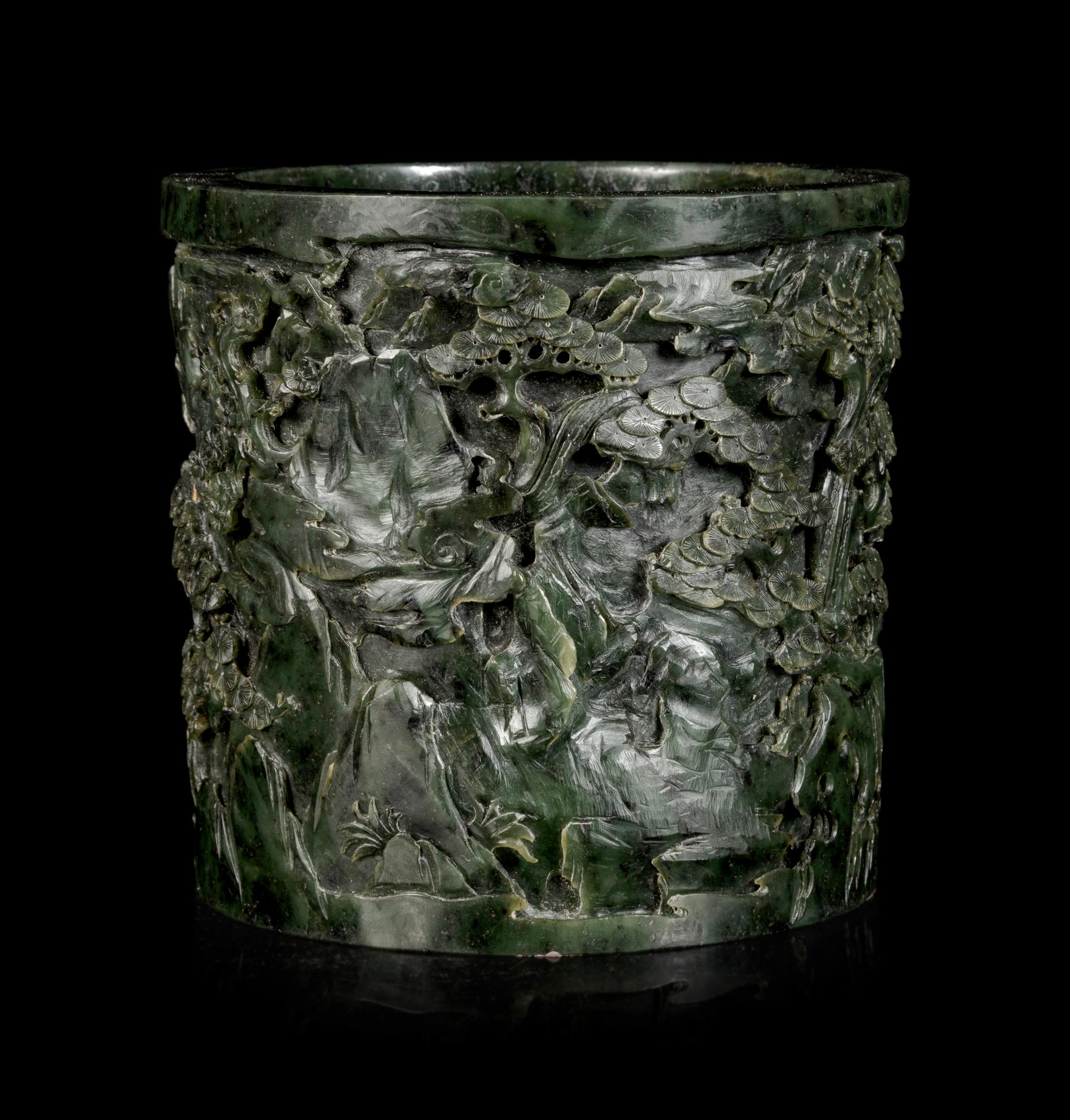 A Chinese Spinach Jade Brushpot, Bitong