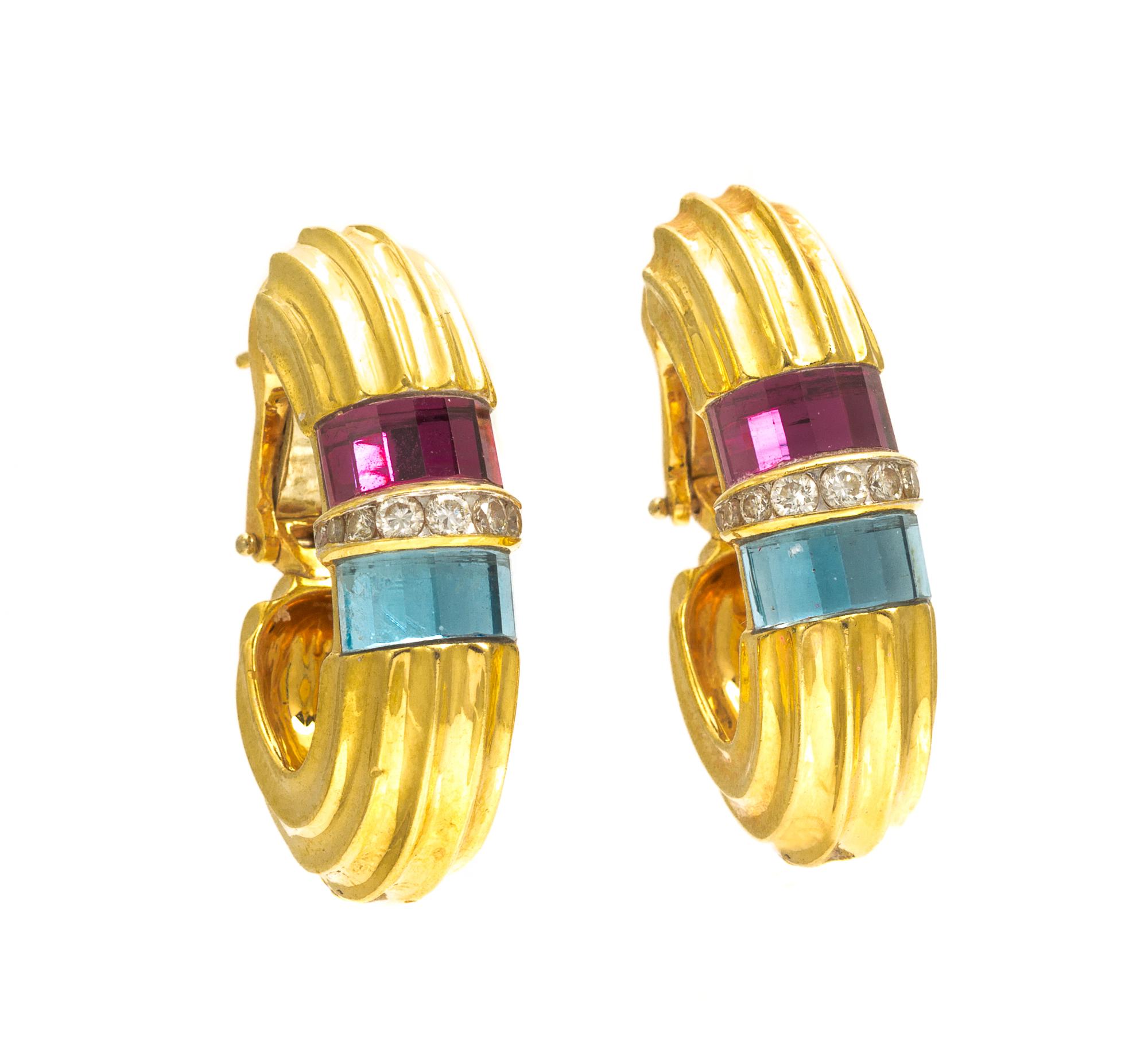 A Pair of 14 Karat Yellow Gold, Amethyst, Aquamarine and Diamond Hoop Earclips, Scott Katz, 13.90 dwts.