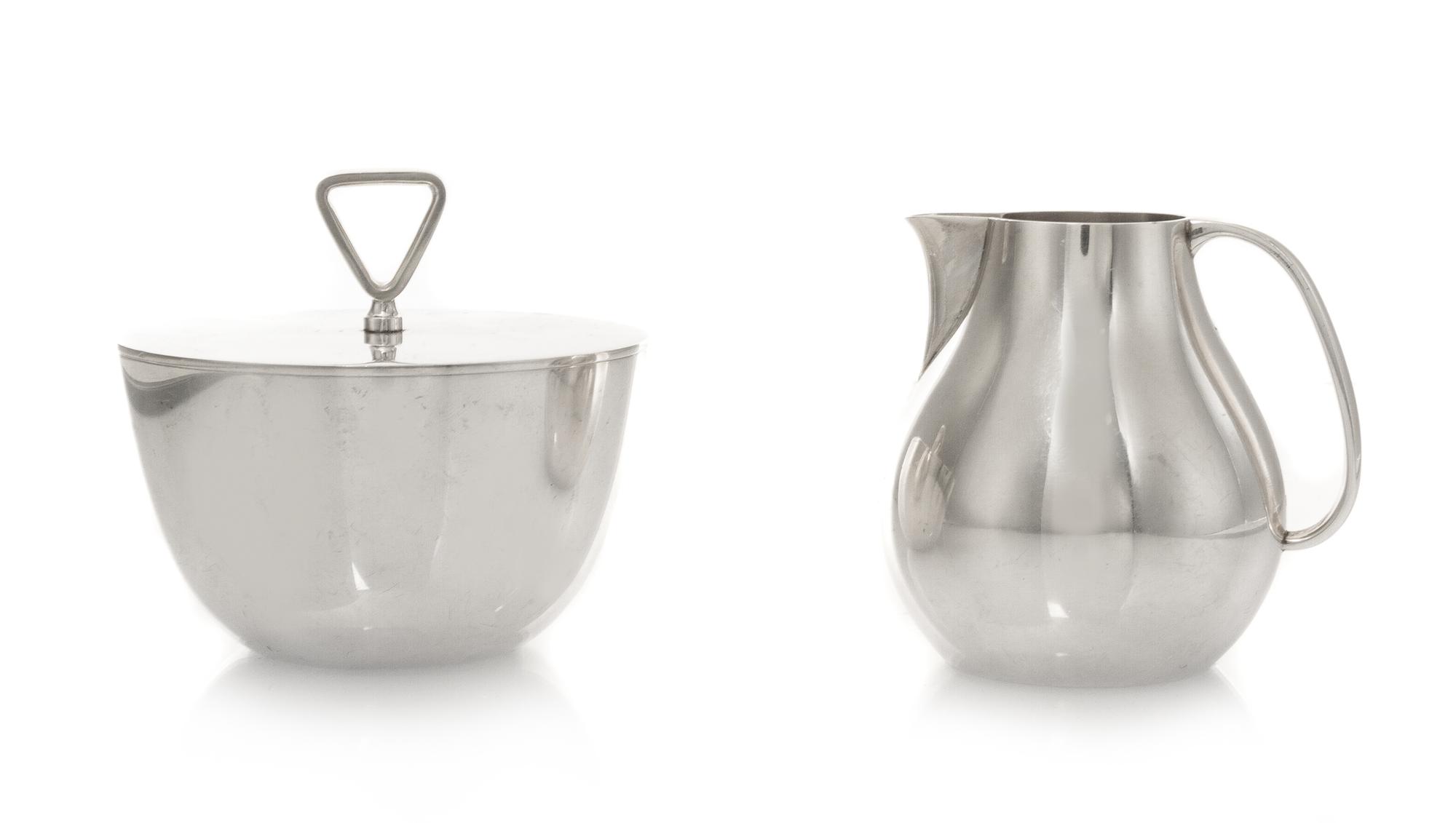 A Danish Silver Covered Sugar and Creamer, Sigvard Bernadotte for Georg Jensen Silversmithy, Copenhagen, design 1015.