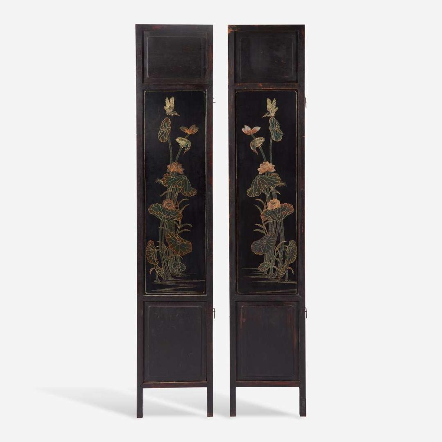A pair of Chinese jade and hardstone embellished wood panels