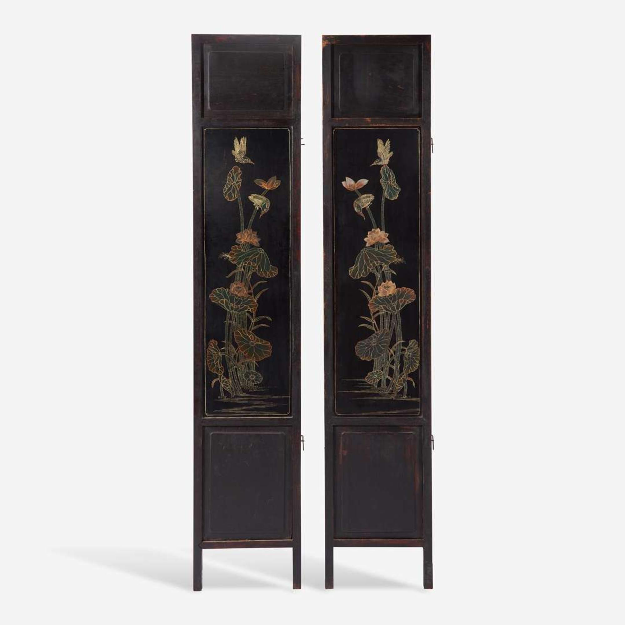 A pair of Chinese jade and hardstone embellished wood panels