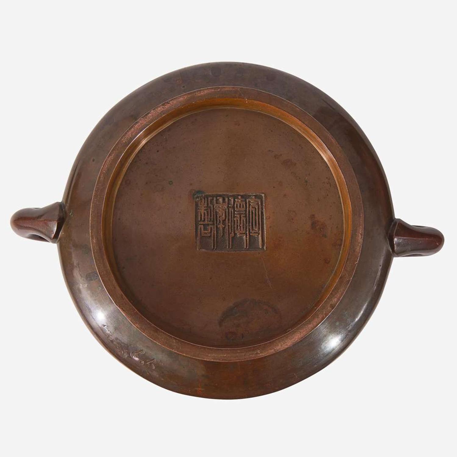 A Chinese patinated bronze censer and stand 铜香炉及底座 Xuande mark, 18th century or earlier ??? ???????