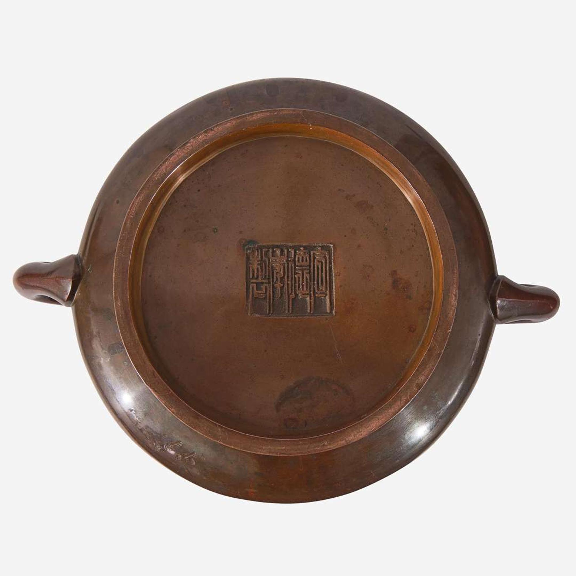 A Chinese patinated bronze censer and stand 铜香炉及底座 Xuande mark, 18th century or earlier ??? ???????