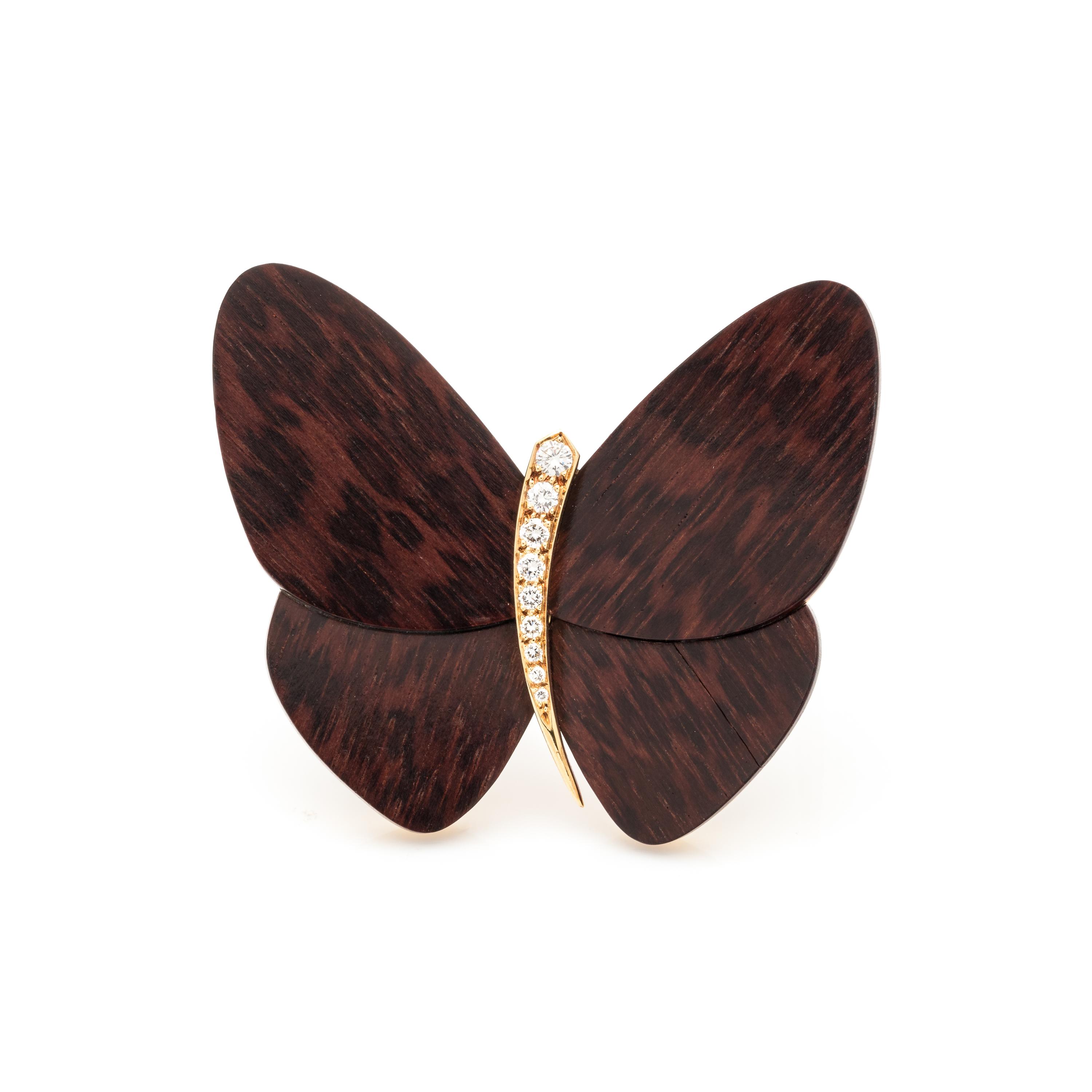 VAN CLEEF & ARPELS, WOOD AND DIAMOND BUTTERFLY BROOCH