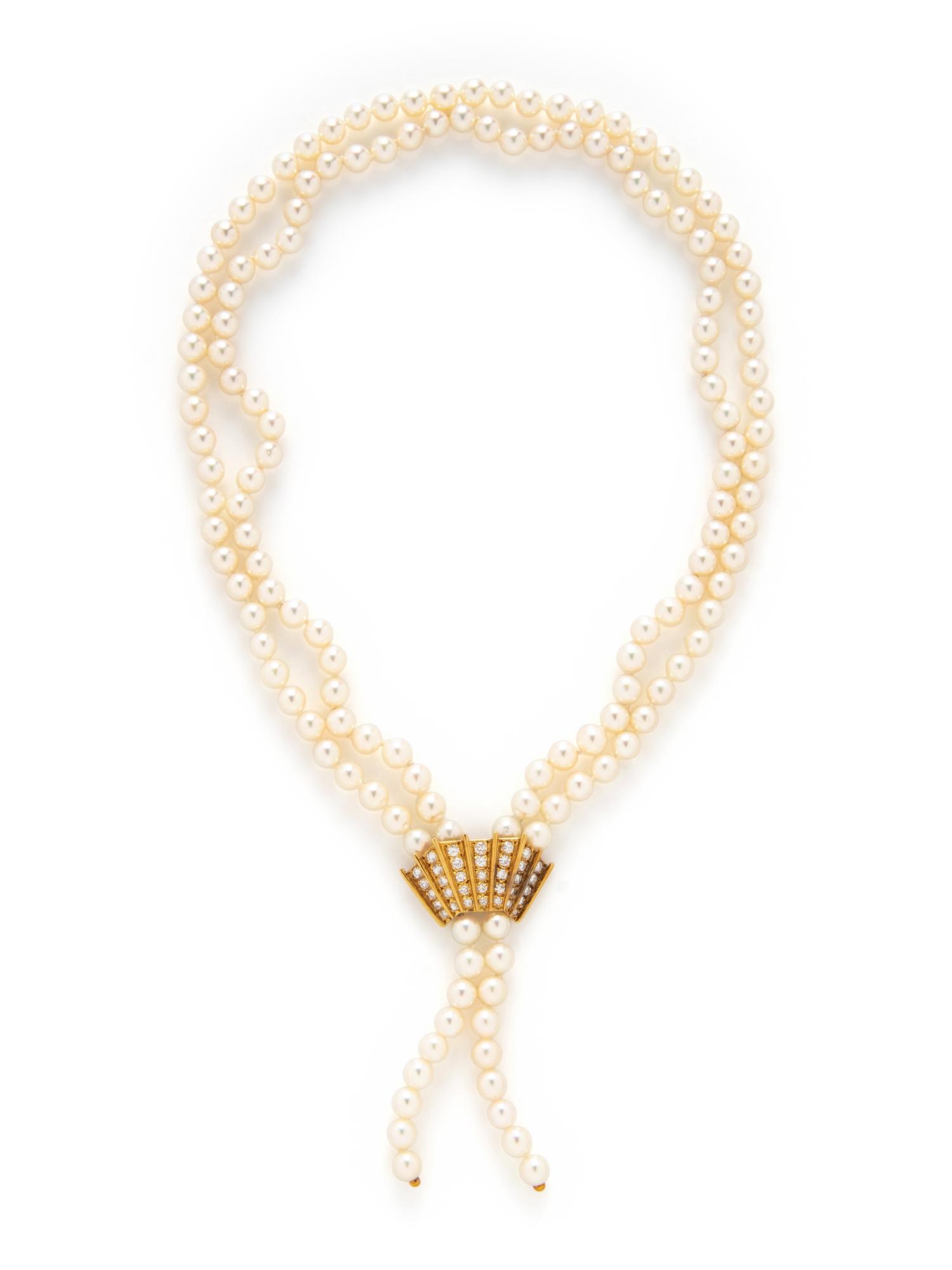 YELLOW GOLD, CULTURED PEARL, AND DIAMOND NECKLACE