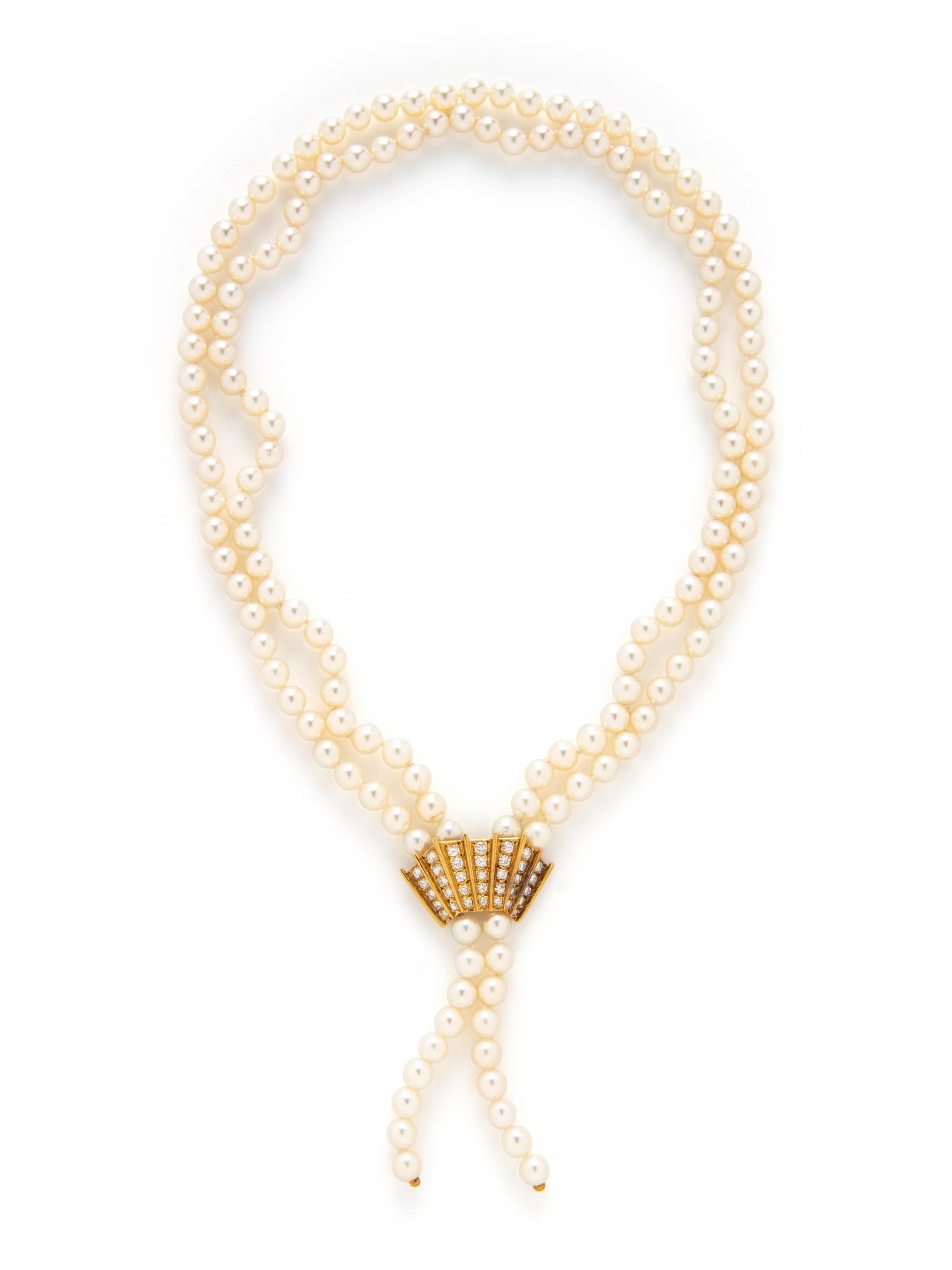YELLOW GOLD, CULTURED PEARL, AND DIAMOND NECKLACE