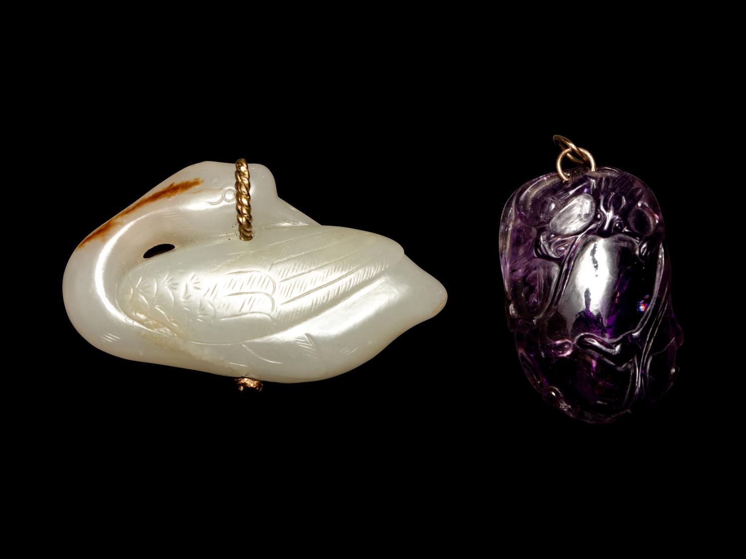 A Chinese Russet and White Jade Figure of a Goose and A Chinese Amethyst 'Chilong' Pendant