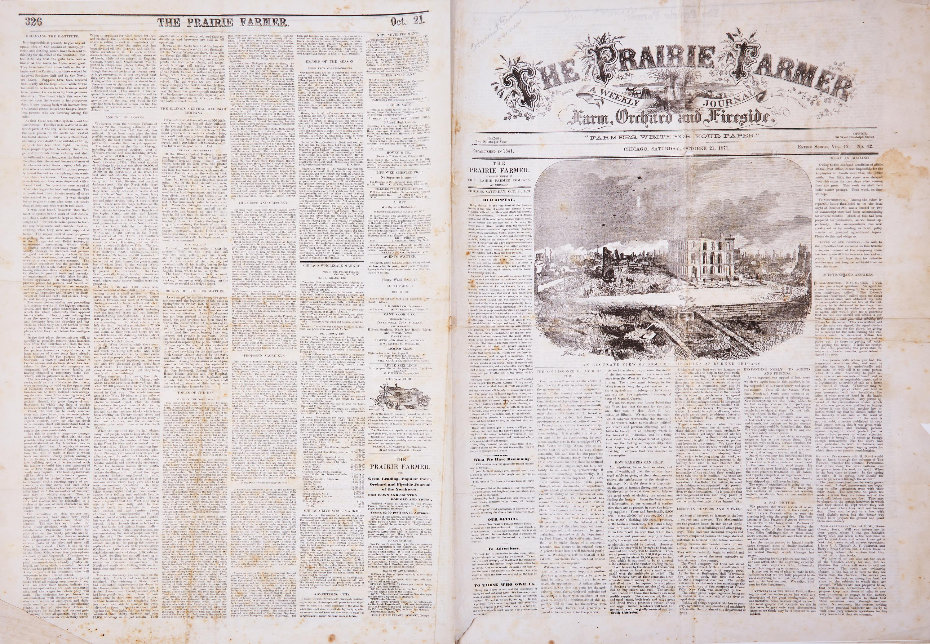 [Americana] [Chicago Fire] The Prairie Farmer A Weekly Journal for the Farm, Orchard and Fireside