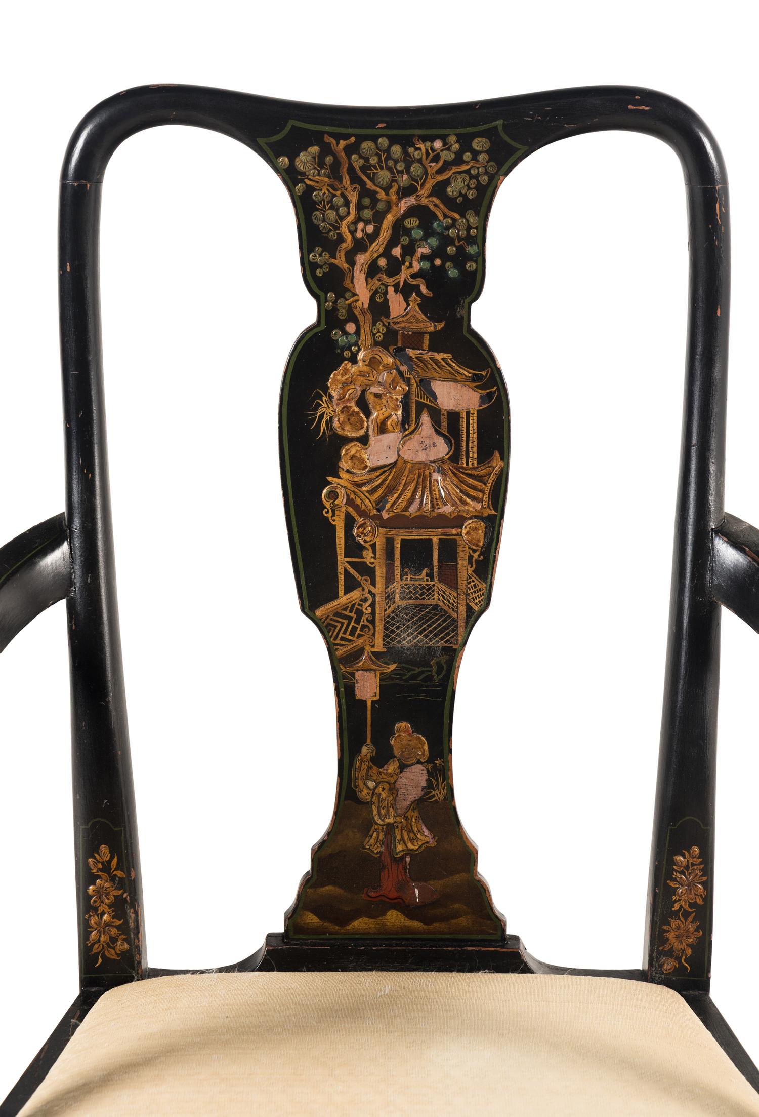 A Queen Anne Style Black Japanned Armchair