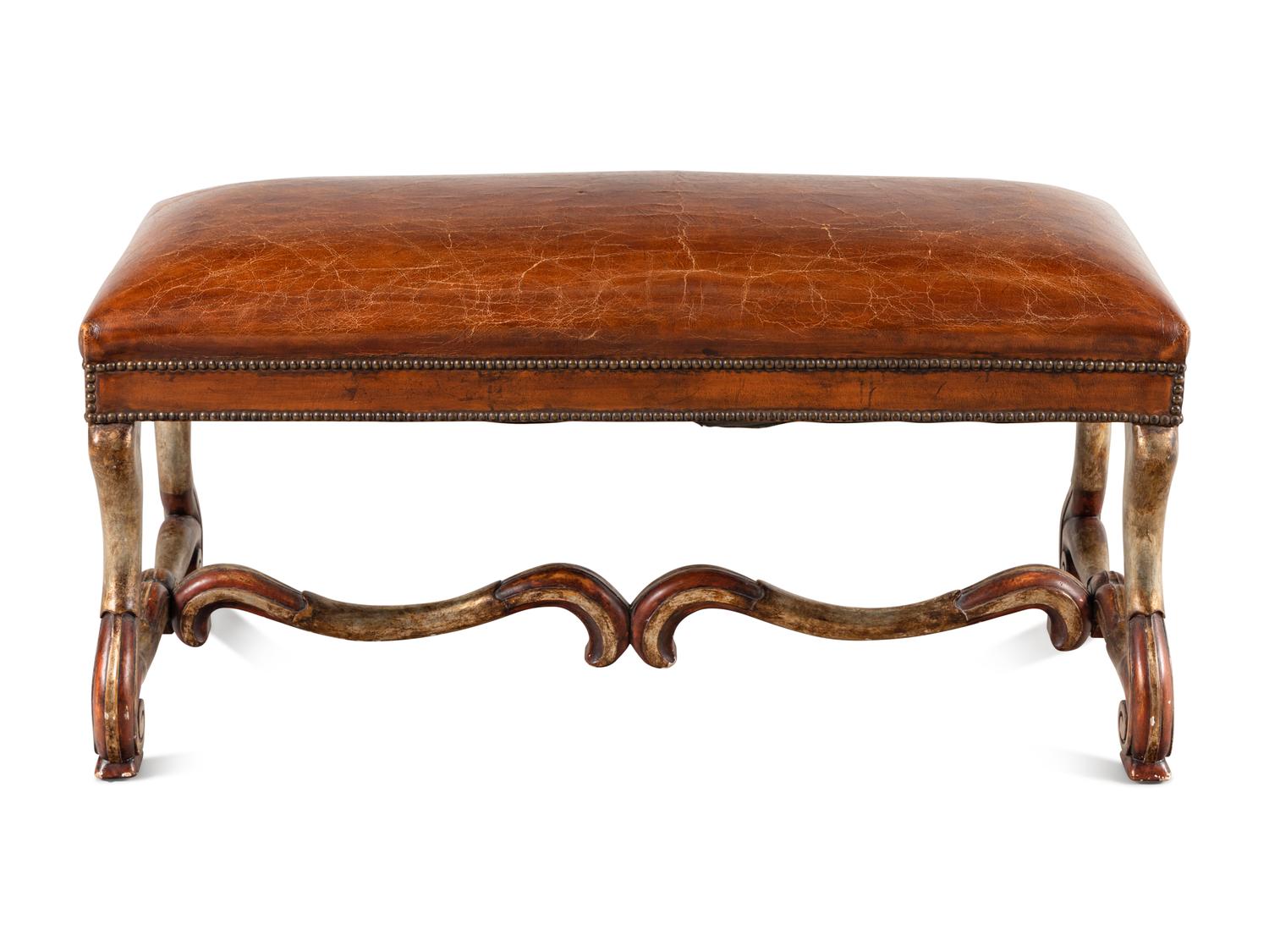 A Leather-Upholstered Painted and Silvered Wood Bench