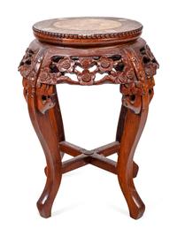 A Chinese Export Carved Wood and Marble-Top Jardinière Stand