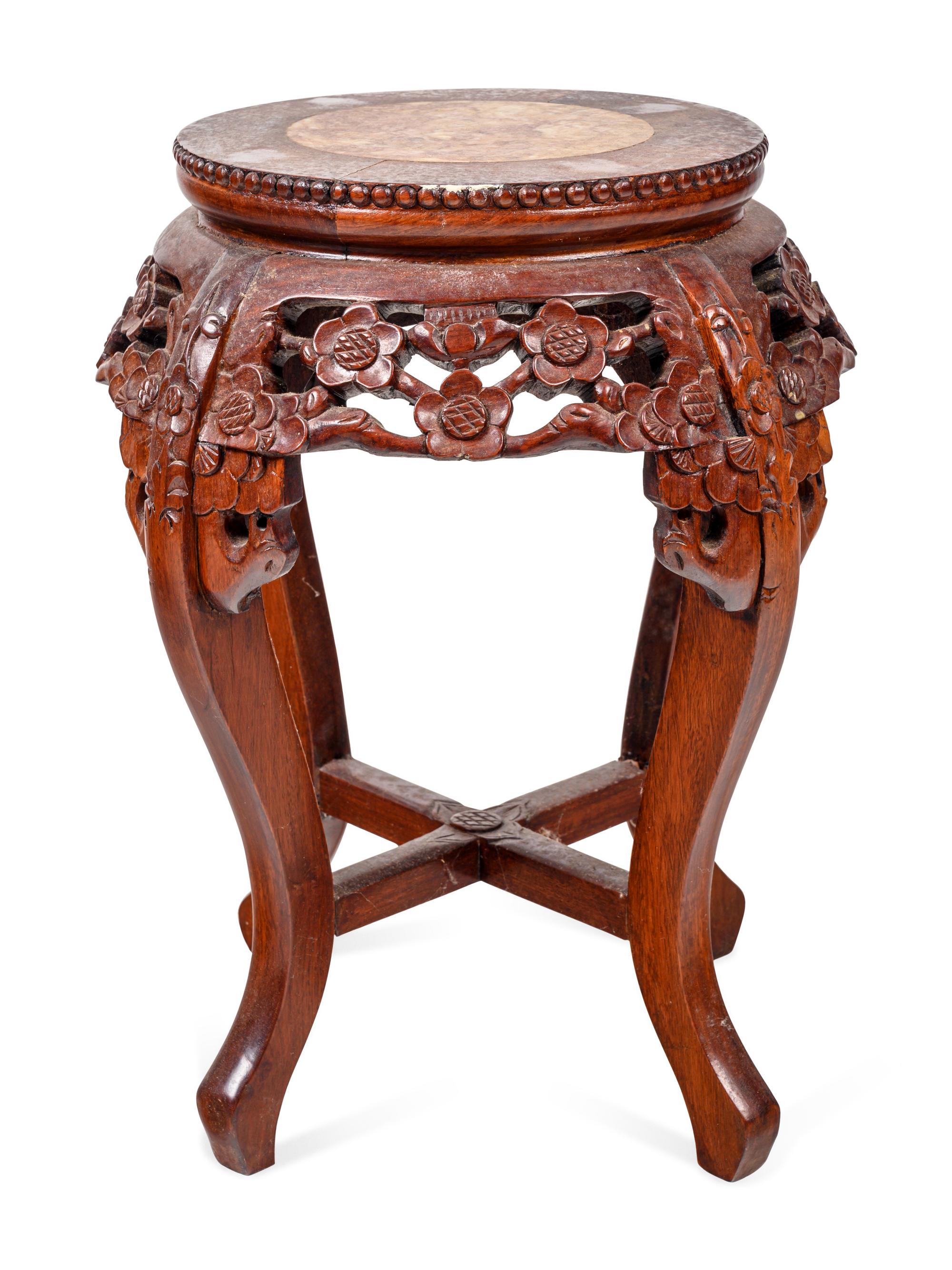 A Chinese Export Carved Wood and Marble-Top Jardinière Stand