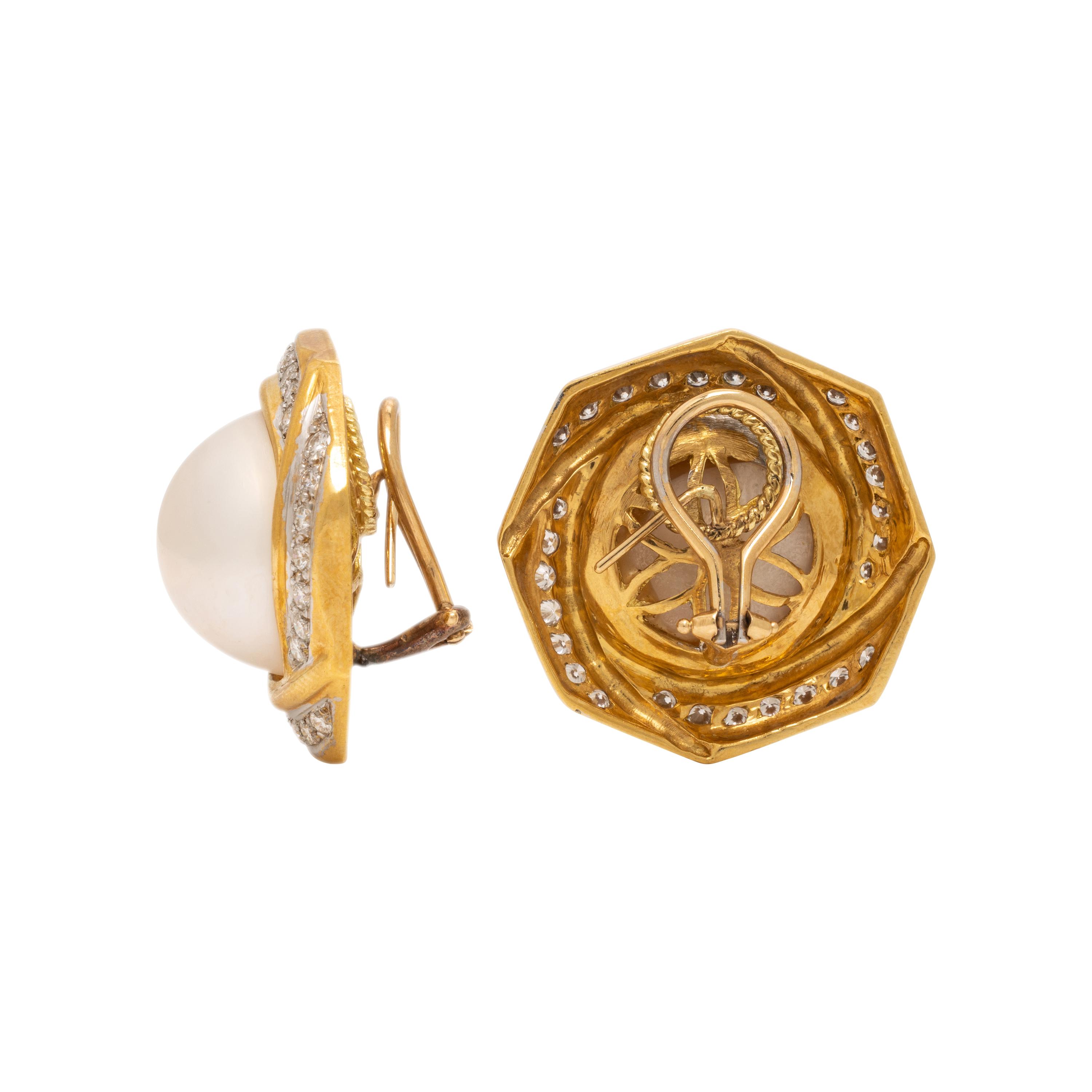 Mabé Pearl, Diamond, and Yellow Gold Earrings