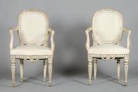 A Pair of Louis XV Style Painted and Parcel Silvered Fauteuil, Height 37 inches.