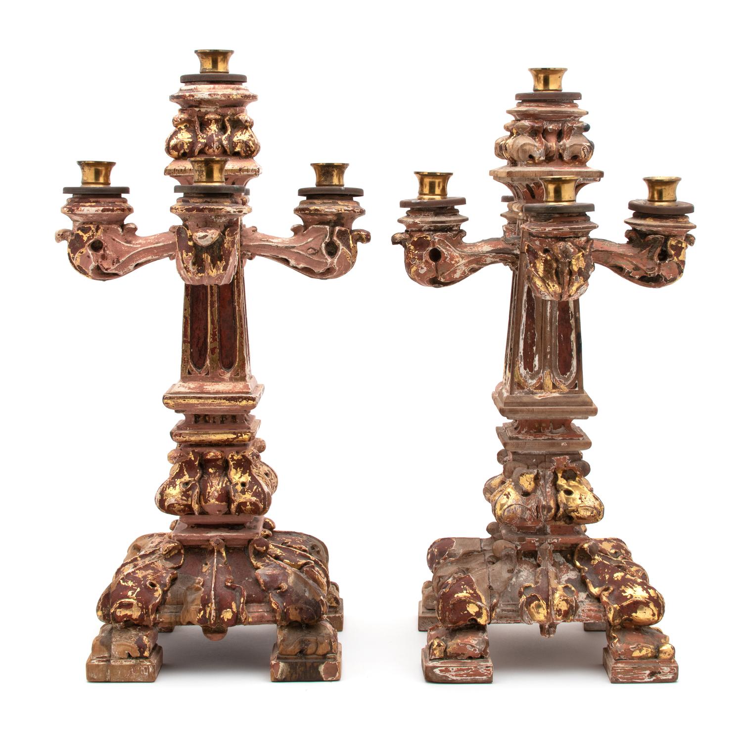 A Pair of Italian Baroque Style Carved, Painted and Parcel Gilt Five-Light Candelabra — 19TH CENTURY