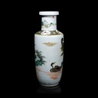 A Chinese Famille Verte 'Geese' Porcelain Rouleau Vase, Qing Dynasty 清 五彩蘆塘秋雁圖棒槌瓶