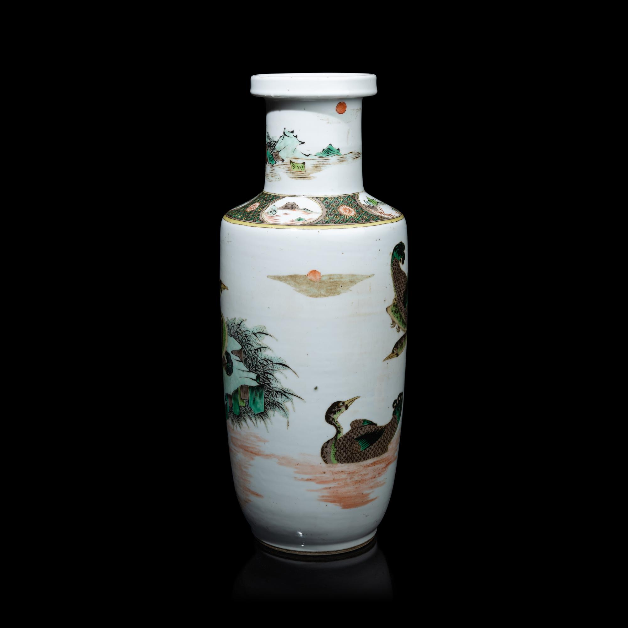 A Chinese Famille Verte 'Geese' Porcelain Rouleau Vase, Qing Dynasty 清 五彩蘆塘秋雁圖棒槌瓶