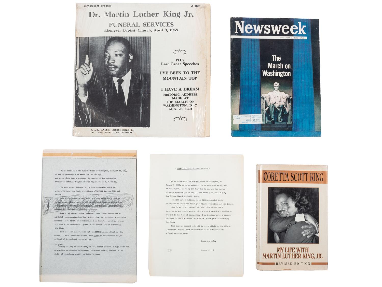 [CIVIL RIGHTS]. A group of items involving Martin Luther King, Jr., Coretta Scott King, and the March on Washington, incl. buttons, imprints, and related ephemera.