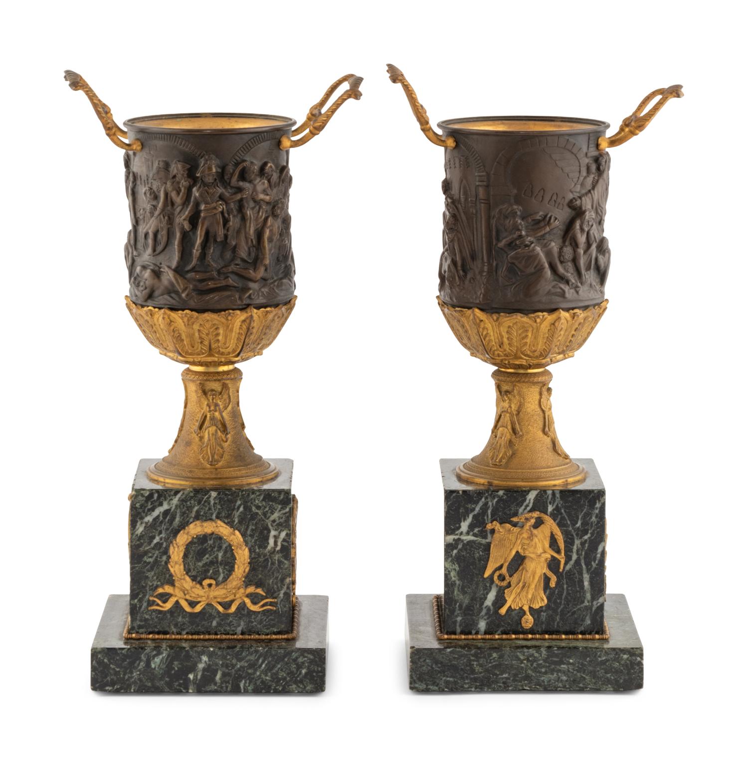 A Pair of Empire Style Gilt and Patinated Bronze and Marble Urn Ornaments
