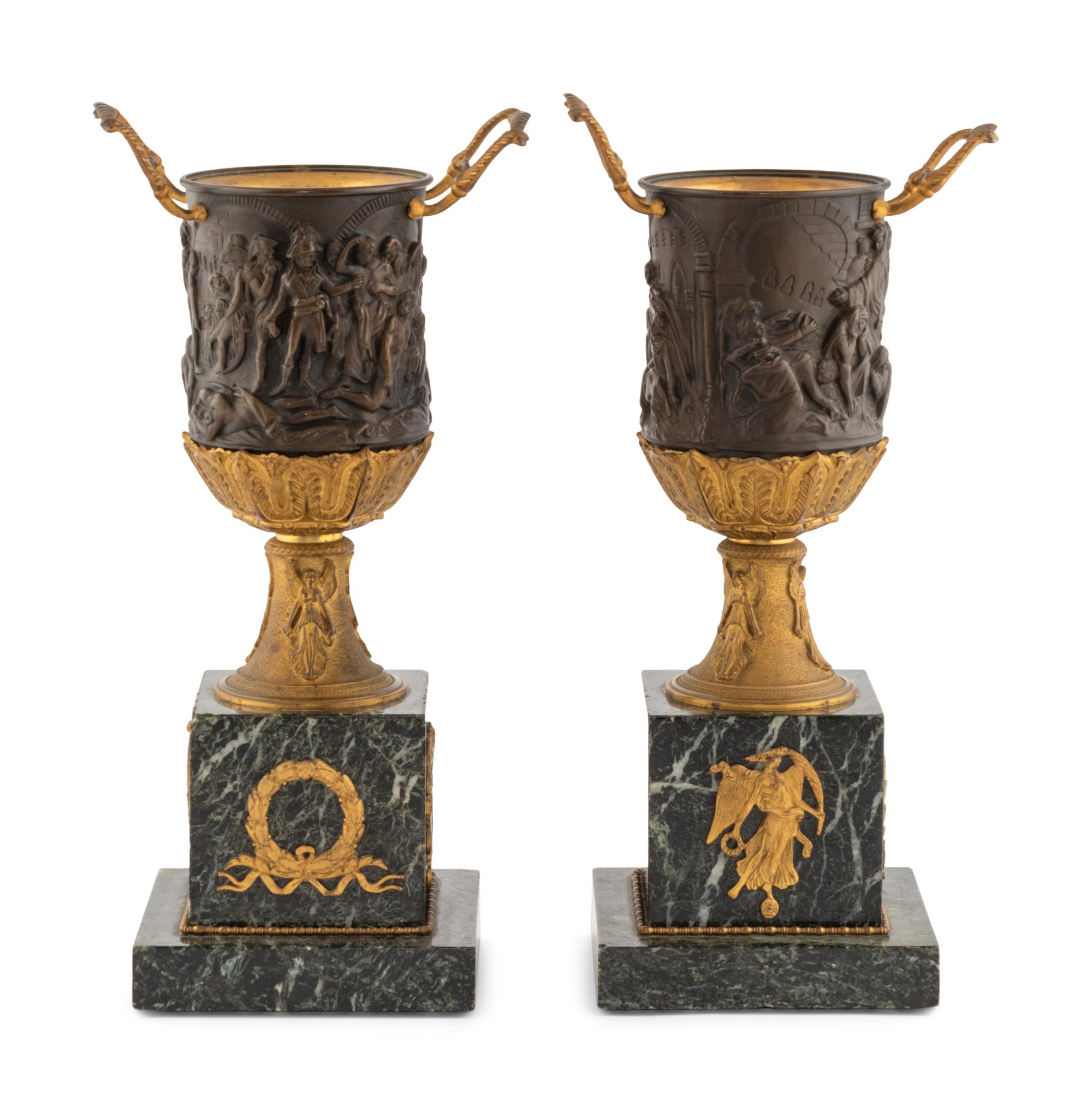 A Pair of Empire Style Gilt and Patinated Bronze and Marble Urn Ornaments