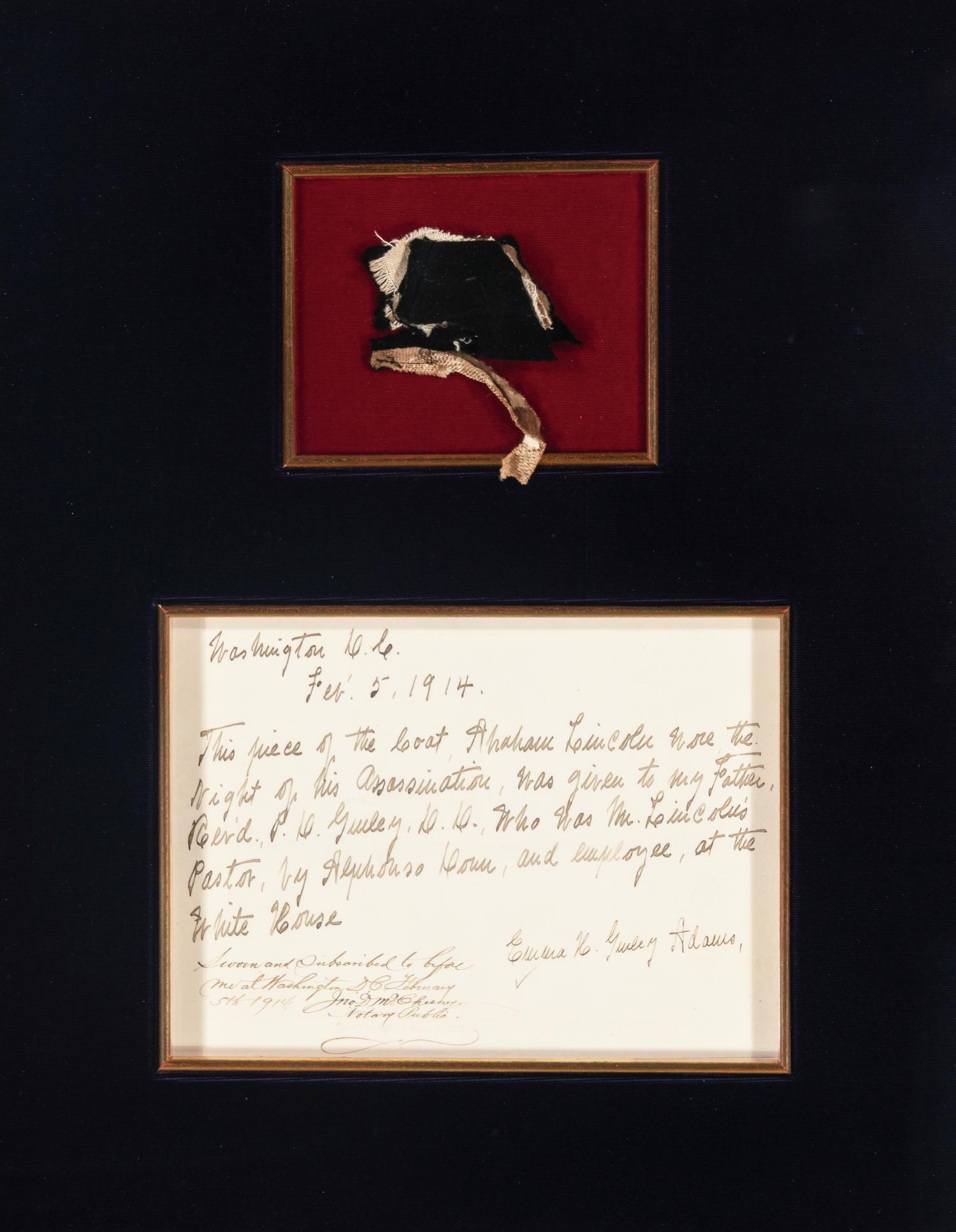[LINCOLN ASSASSINATION]. A piece of President Abraham Lincoln's coat worn on the night of his assassination at Ford's Theatre, 14 April 1865.
