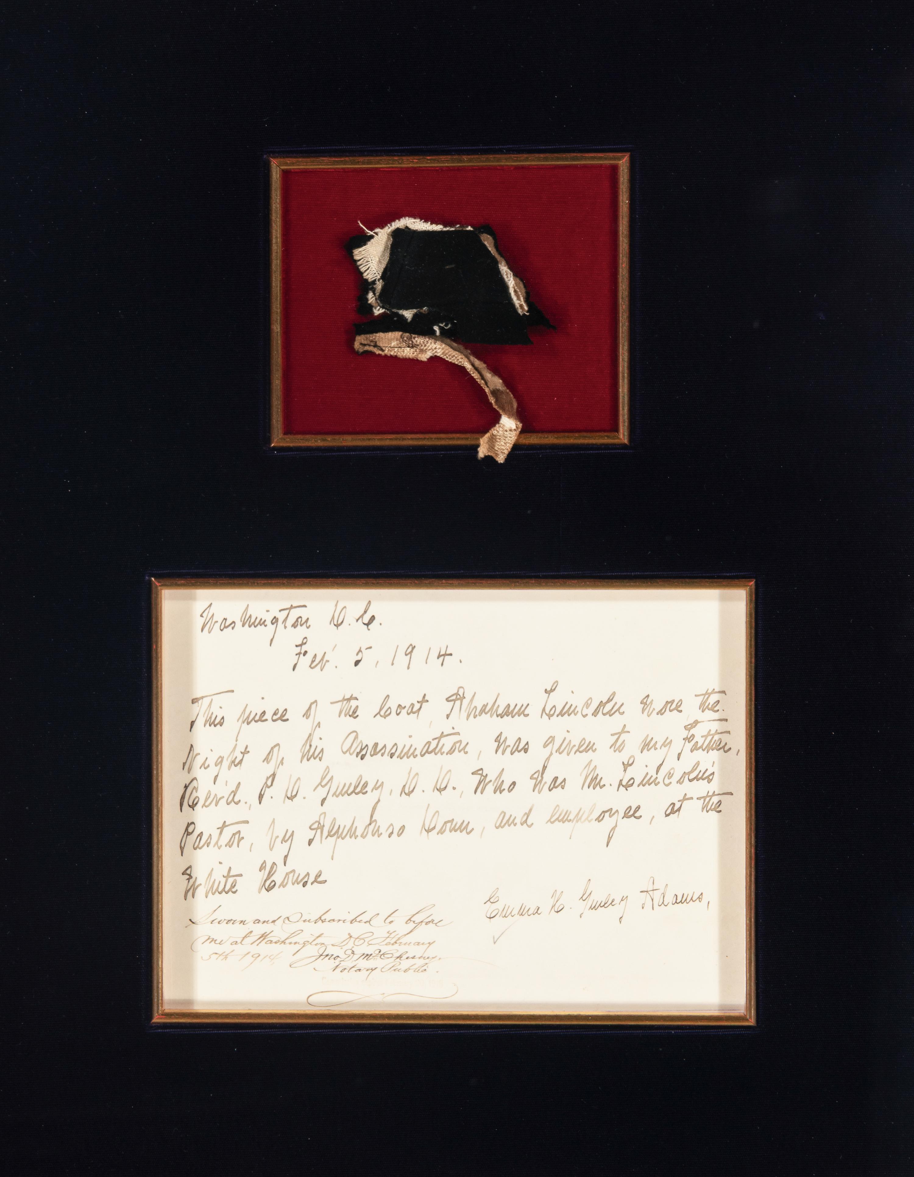 [LINCOLN ASSASSINATION]. A piece of President Abraham Lincoln's coat worn on the night of his assassination at Ford's Theatre, 14 April 1865.