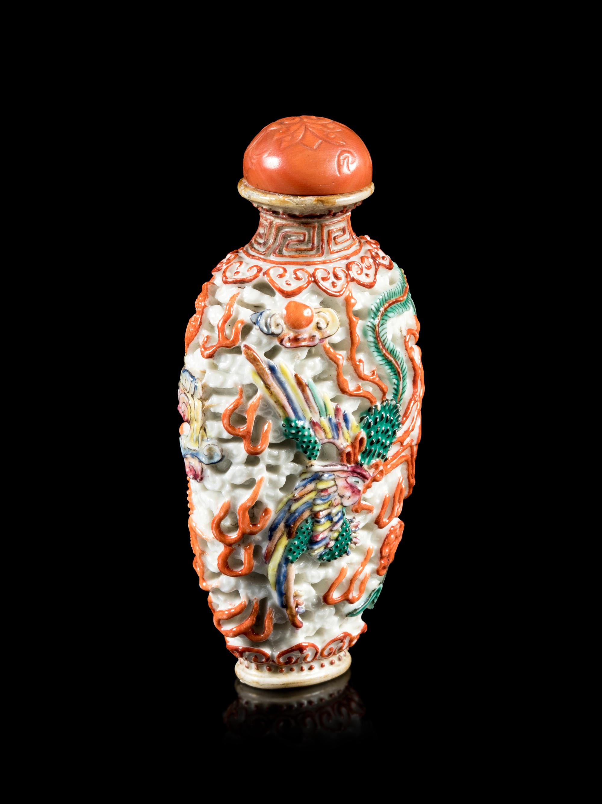 A Molded Iron-Red and Famille Rose Porcelain Snuff Bottle