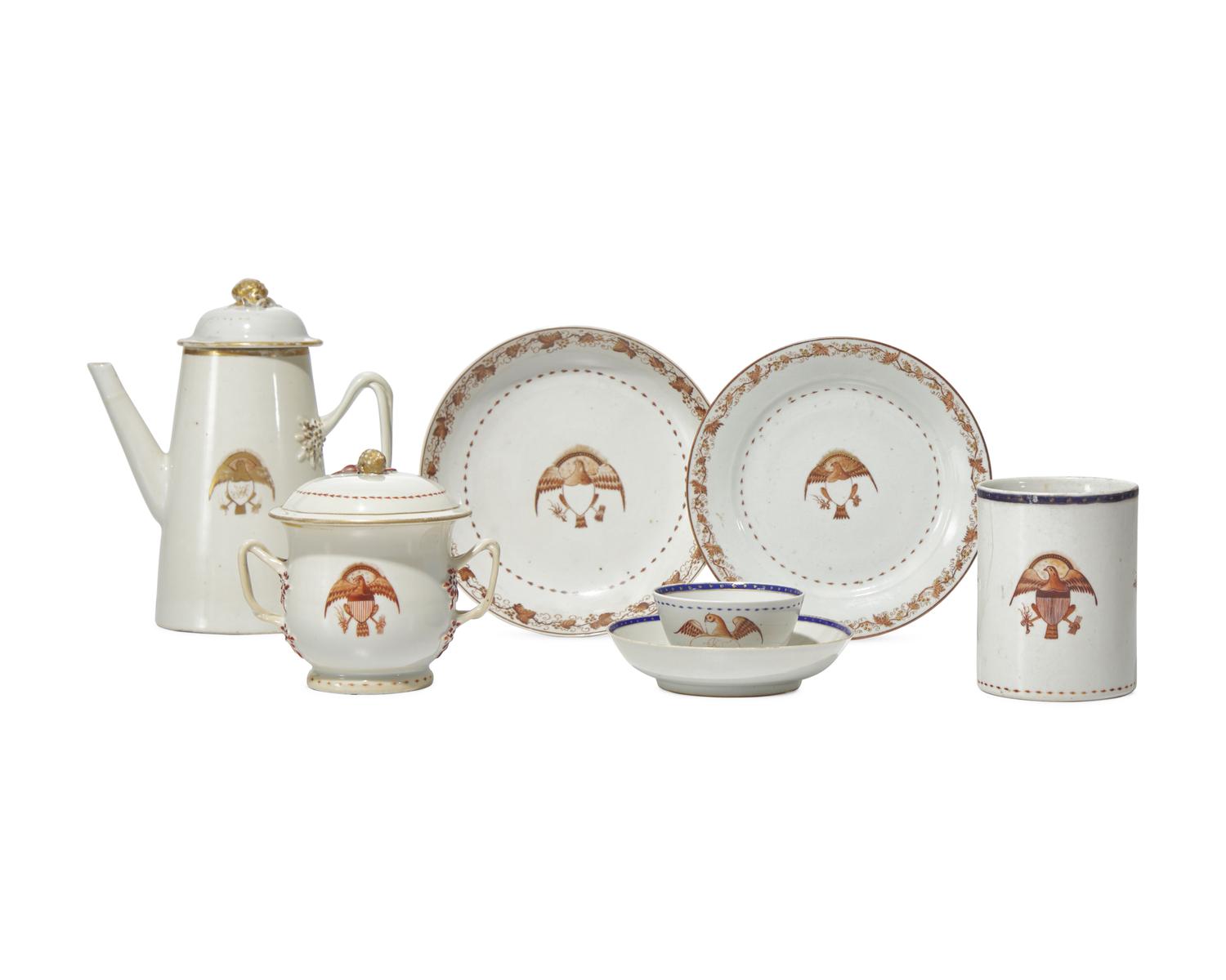 A Group Of Six Chinese Export Porcelain Items Decorated With An Emblazoned Eagle