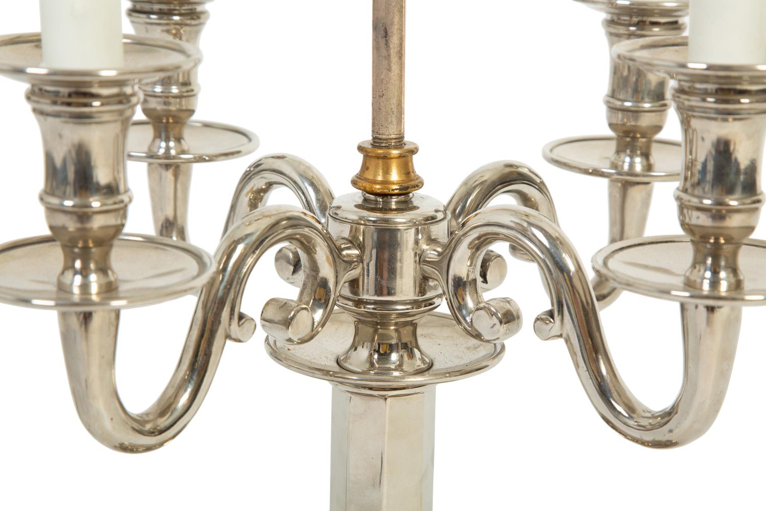 A French Silvered Brass Four-Arm Bouillotte Lamp with a Tole Shade