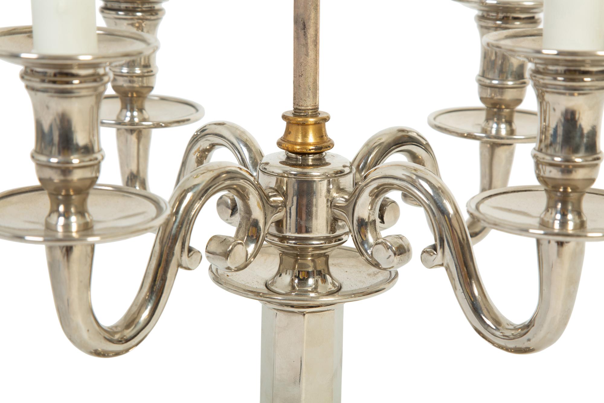 A French Silvered Brass Four-Arm Bouillotte Lamp with a Tole Shade