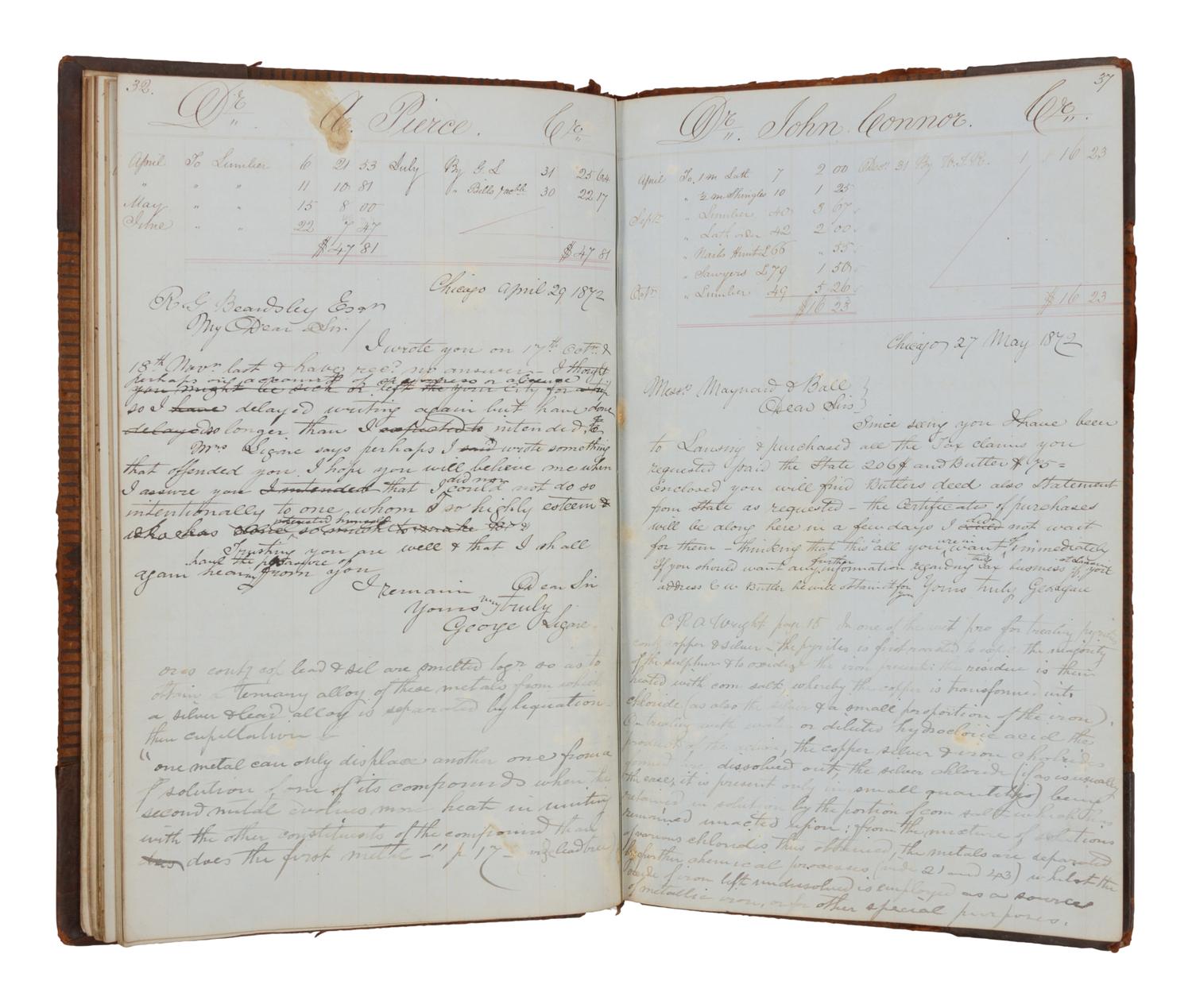 [CHICAGO HISTORY - CHICAGO FIRE]. MANUSCRIPT LEDGER of D. Clark and Company, Chicago, 1849-1873.