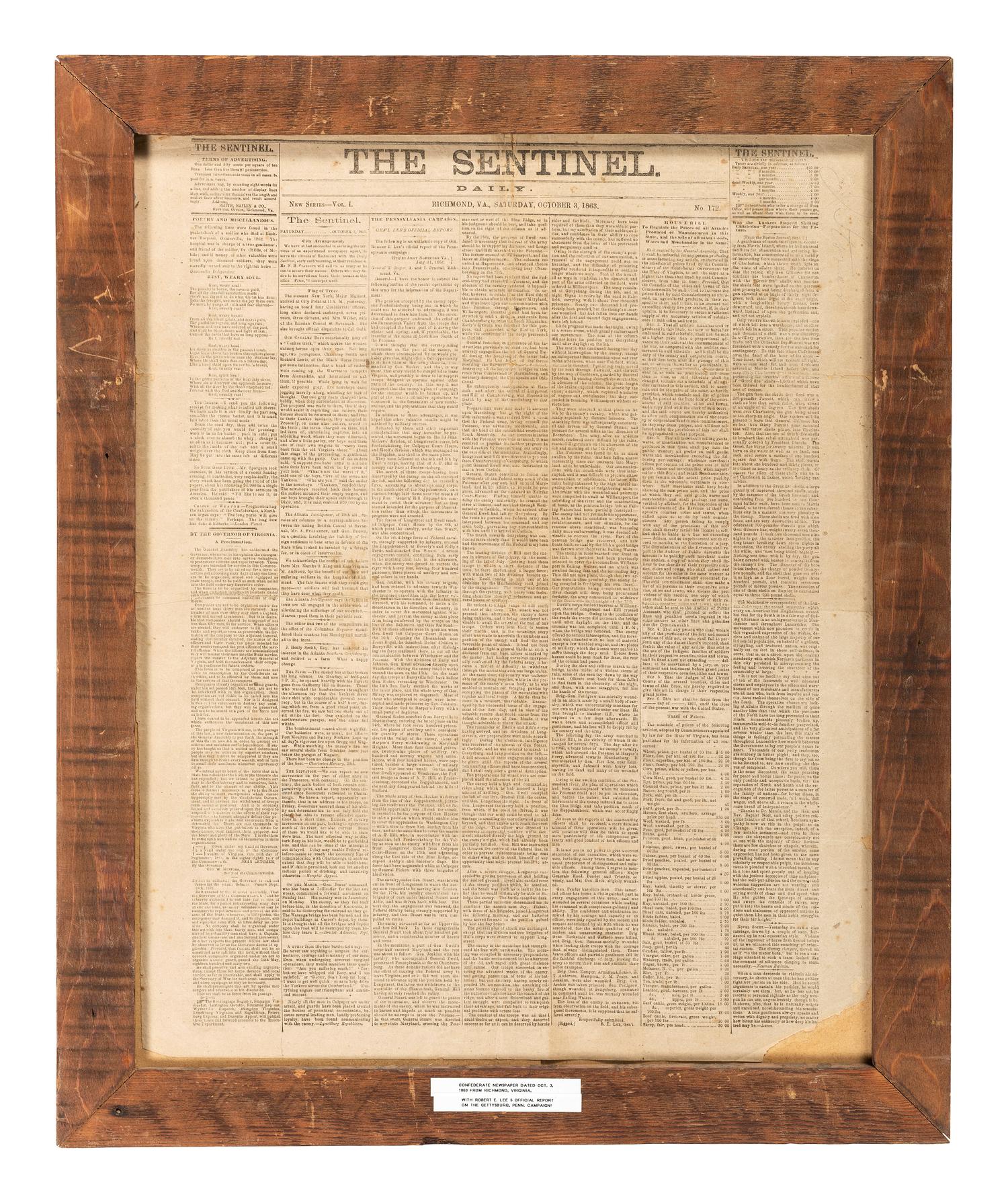 [CIVIL WAR - GETTYSBURG]. The Sentinel . Vol. I, No. 172. Richmond, VA: 3 October 1863.