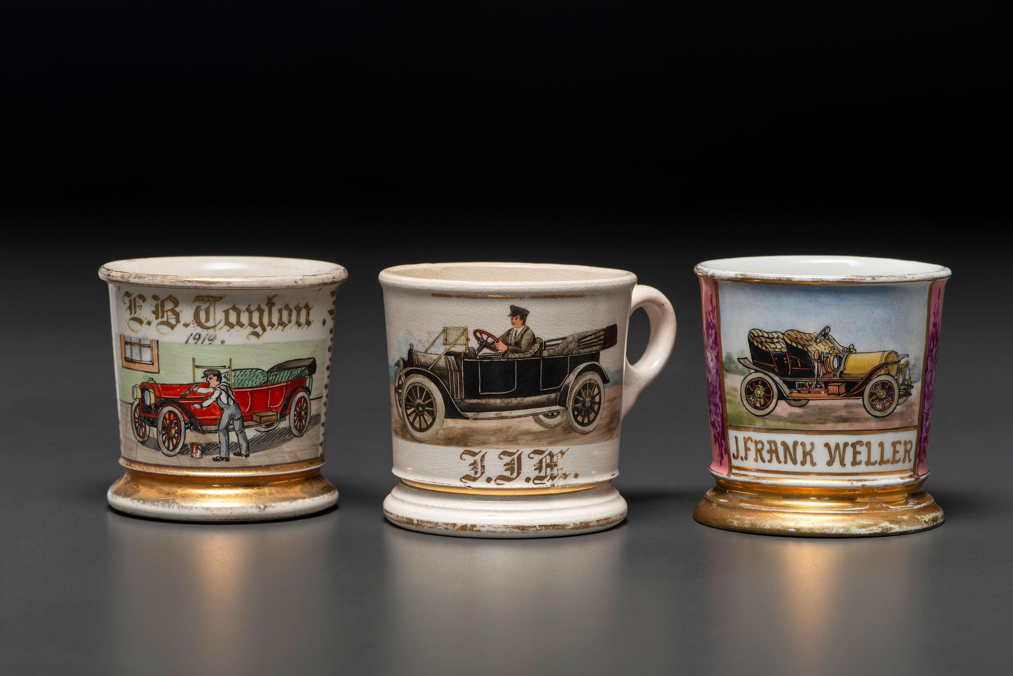 Three Automobile Related Porcelain Occupational Shaving Mugs