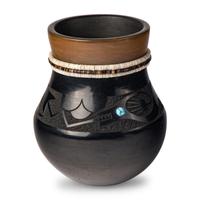 Tse-Pé Gonzales and Dora Tse-Pé (San Ildefonso, 1940-1999 / 1939-2022) — Black and Sienna Pottery Jar, with Heishi and Turquoise, 1976