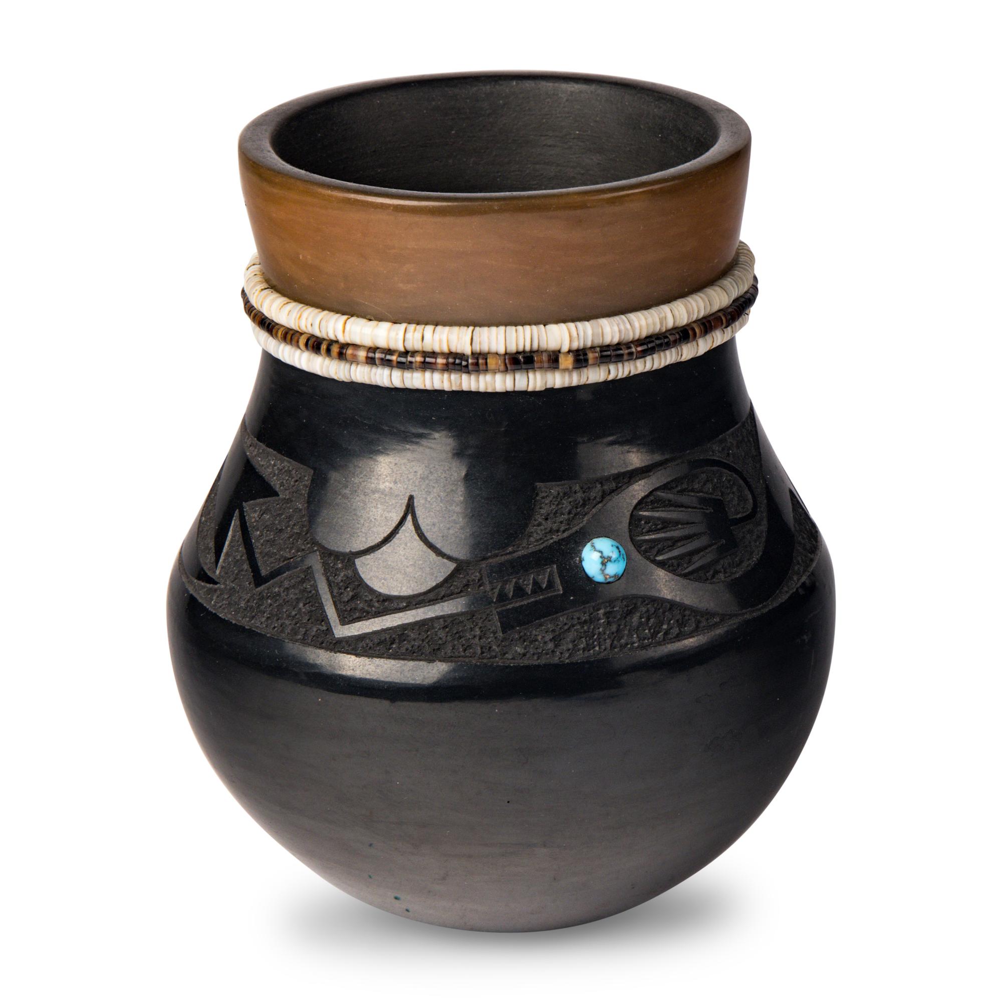 Tse-Pé Gonzales and Dora Tse-Pé (San Ildefonso, 1940-1999 / 1939-2022) — Black and Sienna Pottery Jar, with Heishi and Turquoise, 1976
