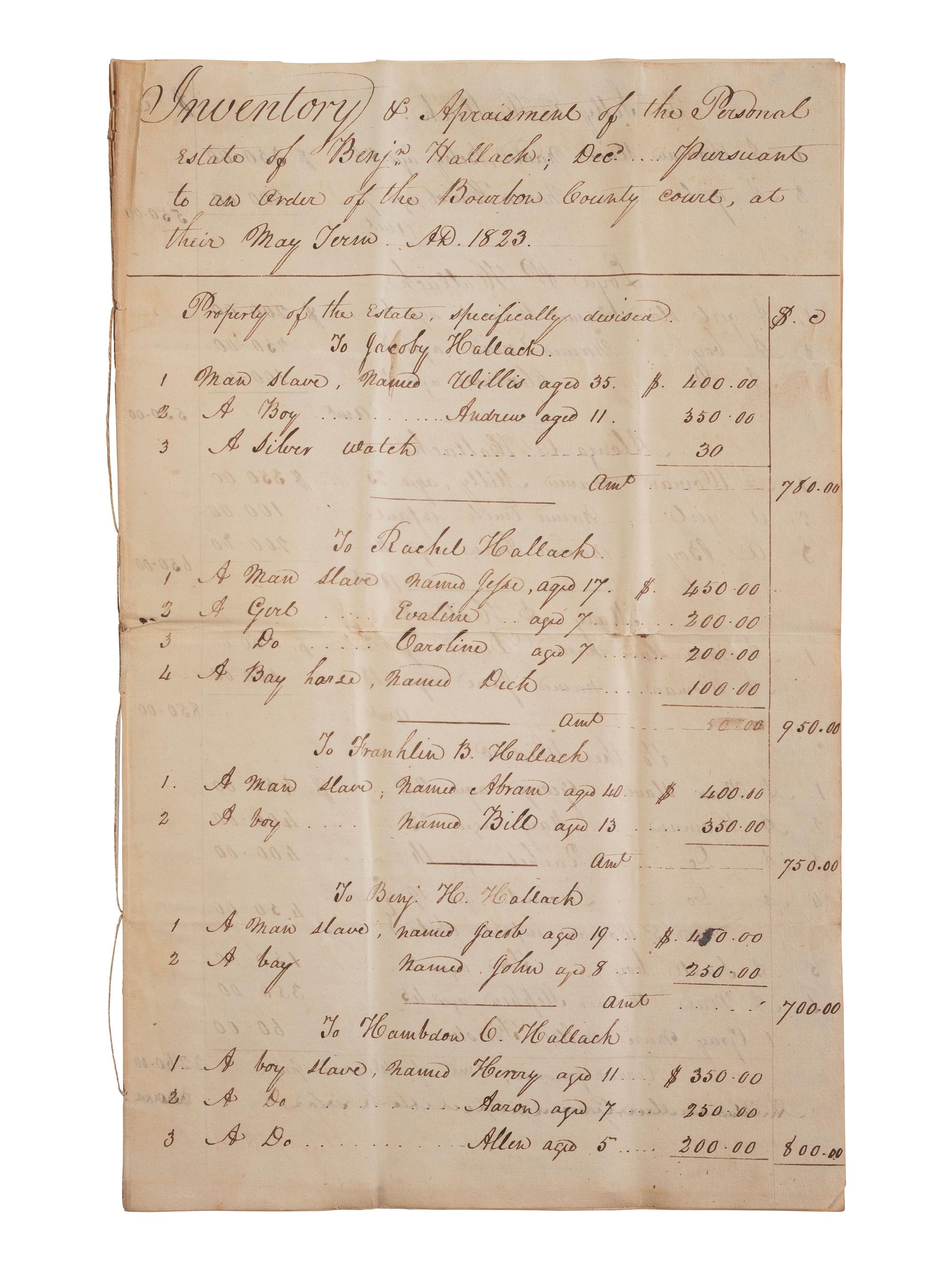 [ENSLAVEMENT & ABOLITION]. Estate inventory document listing 37 enslaved persons, most with names and ages recorded, including 7 who have "sued for their freedom." Bourbon County, KY, 12 September 1823.