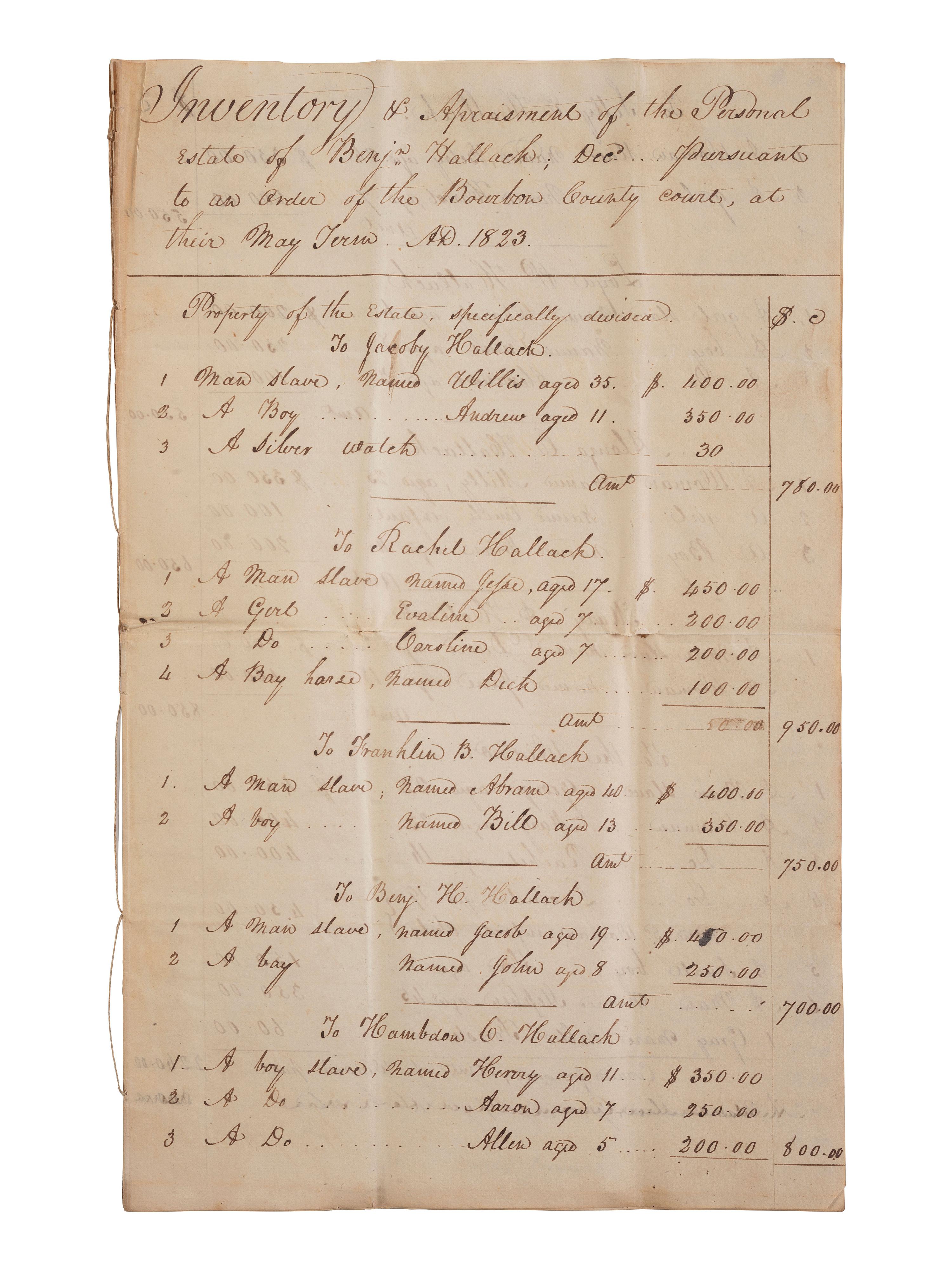 [ENSLAVEMENT & ABOLITION]. Estate inventory document listing 37 enslaved persons, most with names and ages recorded, including 7 who have "sued for their freedom." Bourbon County, KY, 12 September 1823.