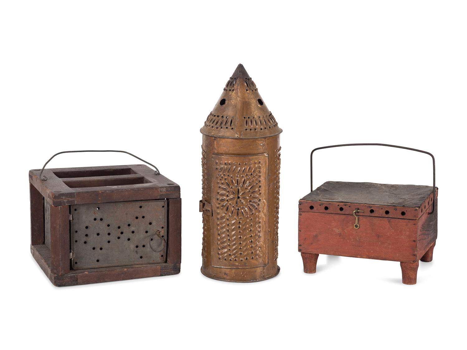 A Punched Tin Lantern And Two Foot Warmers