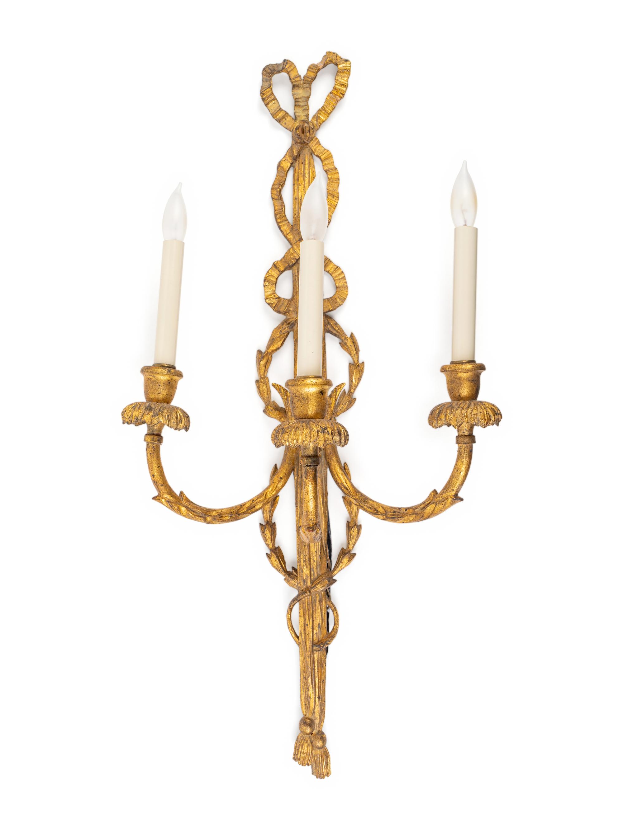 A Pair of Louis XVI Style Giltwood Three-Light Sconces — EARLY 20TH CENTURY