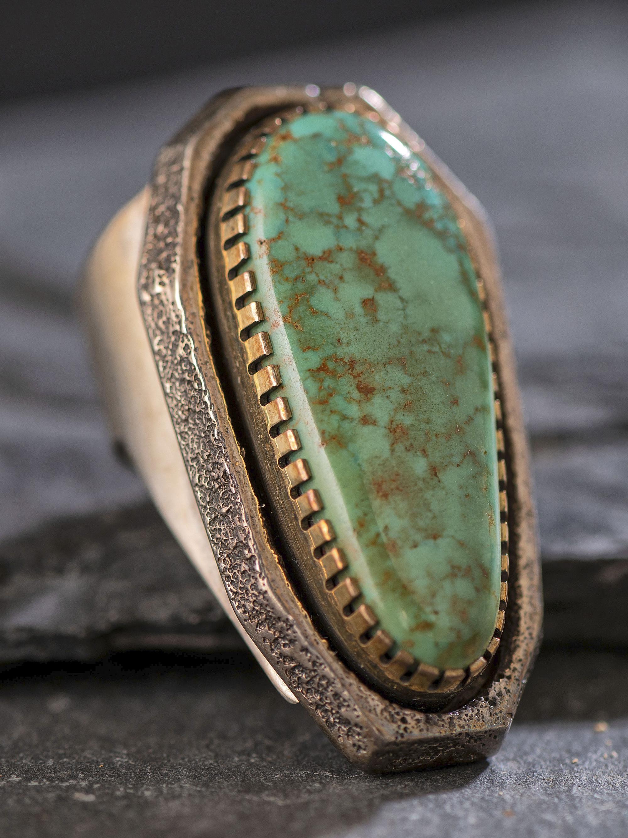 Silver Tufa Cast and Carico Lake Turquoise Ring, with 14K Gold Bezel