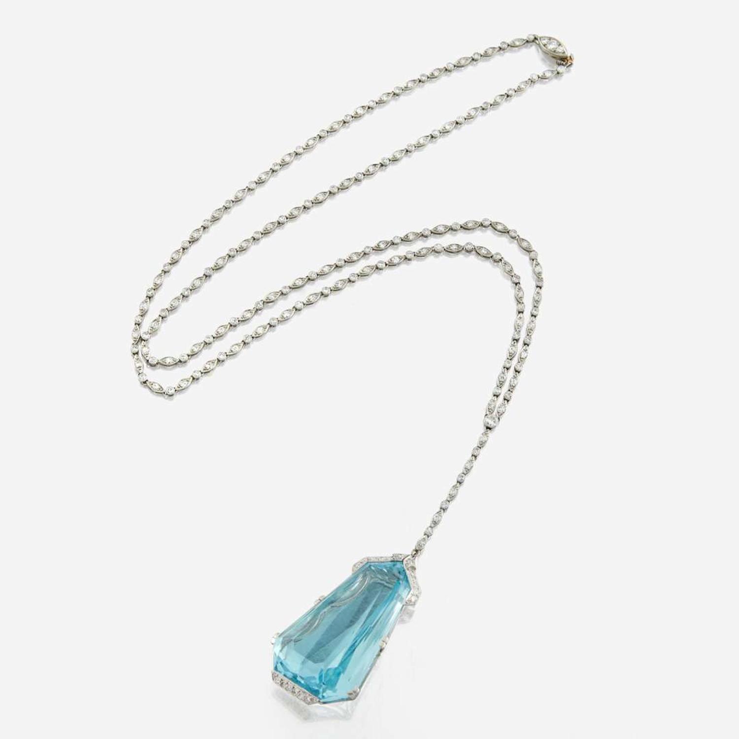 A diamond, aquamarine, and palladium pendant necklace, Tiffany & Co.