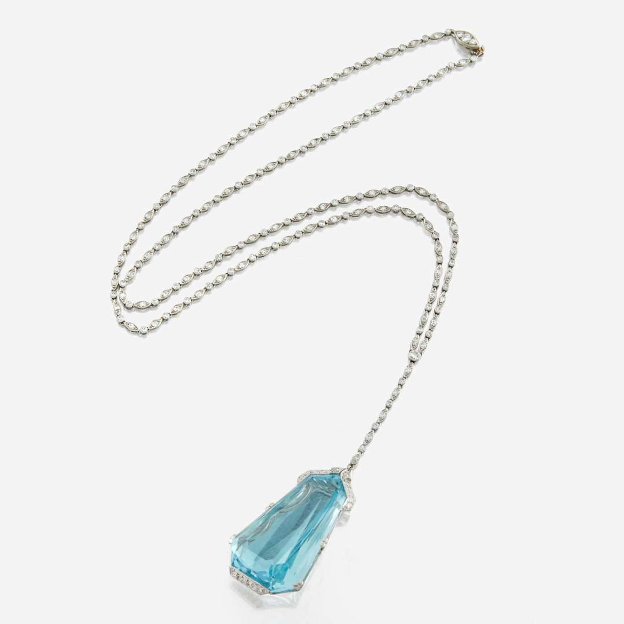 A diamond, aquamarine, and palladium pendant necklace, Tiffany & Co.