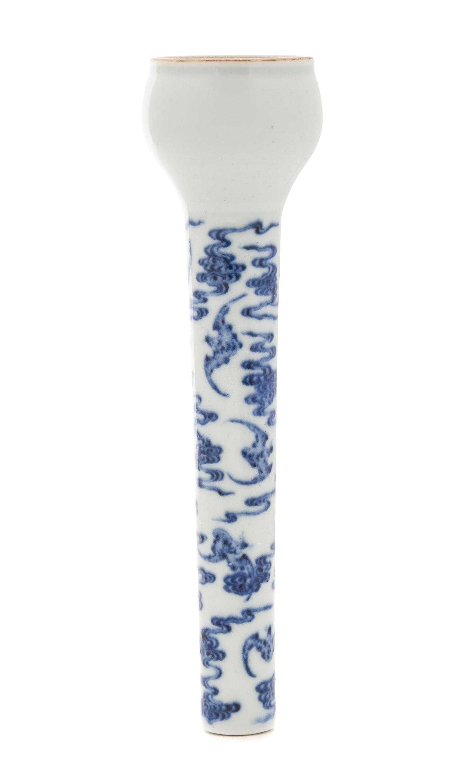 A Blue and White Porcelain Brush Handle Length 7 1/8 inches.